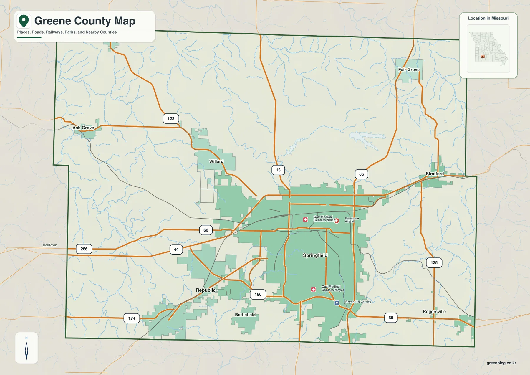 Greene County Missouri roads and Springfield map