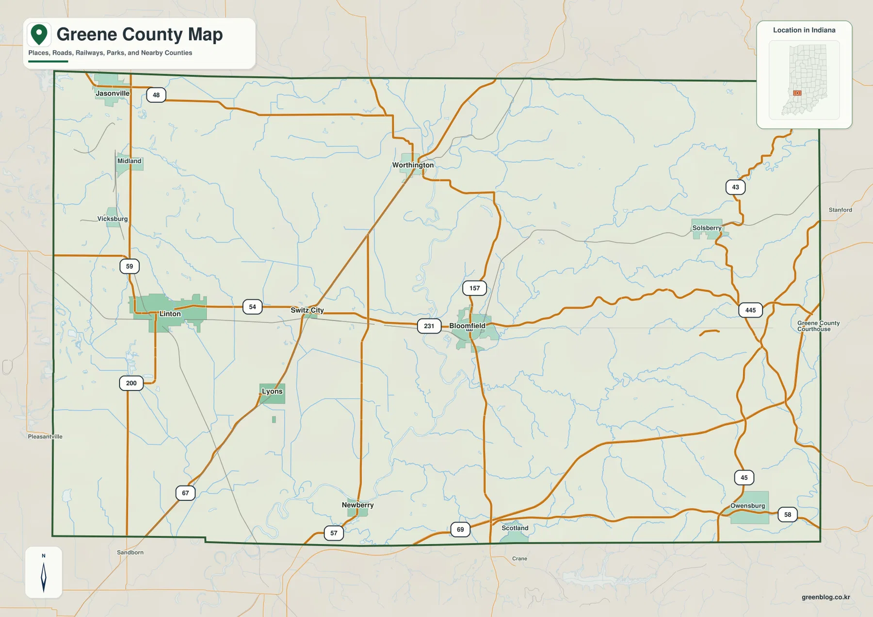 인디애나주 Greene County 일반 지도에 Linton, Bloomfield, Jasonville, Worthington, Lyons, Solsberry와 주요 도로가 표시된 모습