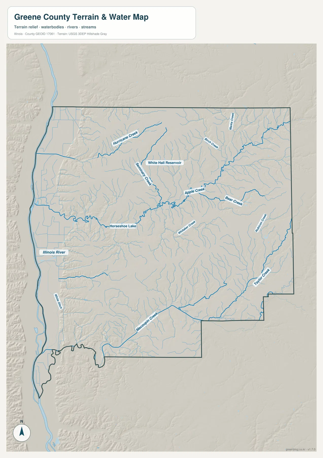 Illinois River, Apple Creek, Hurricane Creek, White Hall Reservoir와 여러 지류를 표시한 Greene County 수역 지형 지도
