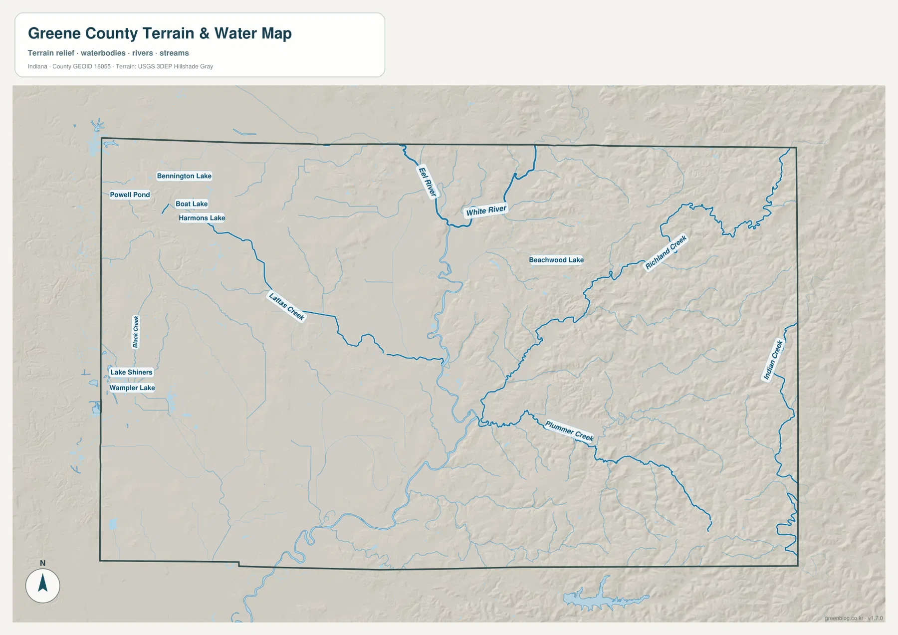 Greene County 수역과 지형 지도에 White River, Eel River, Richland Creek, Plummer Creek, Indian Creek과 여러 호수가 표시된 모습