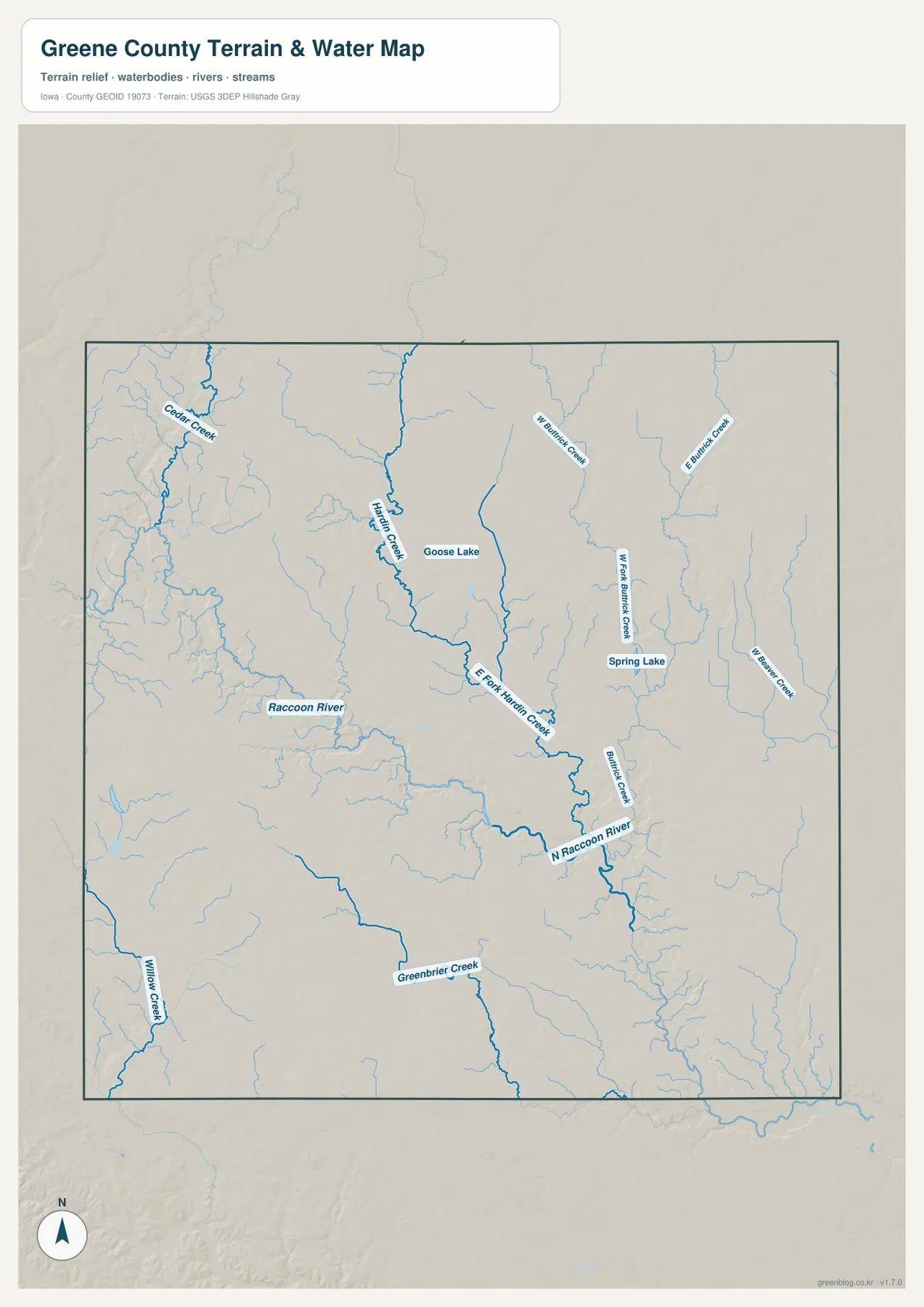 Greene County Iowa water map Raccoon River North Raccoon River Hardin Creek Buttrick Creek