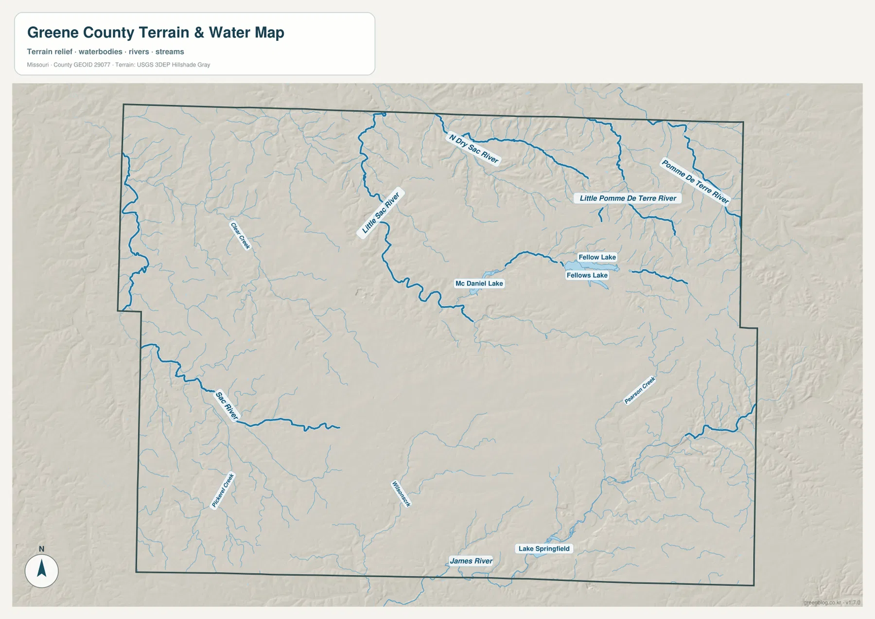 Greene County Little Sac River and James River terrain map