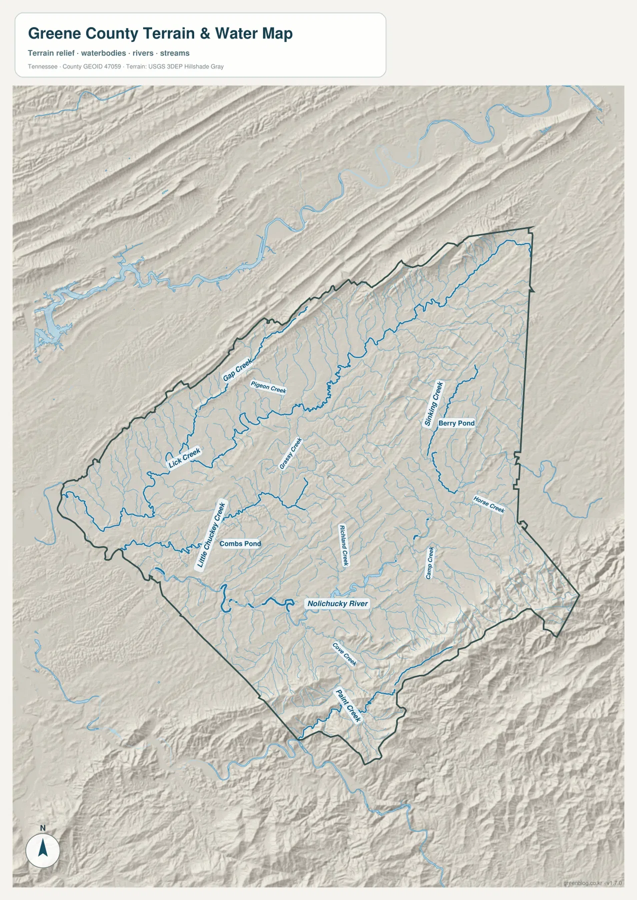그린 카운티 수역 지도 - Nolichucky River, Lick Creek, Richland Creek, Paint Creek와 주요 지류