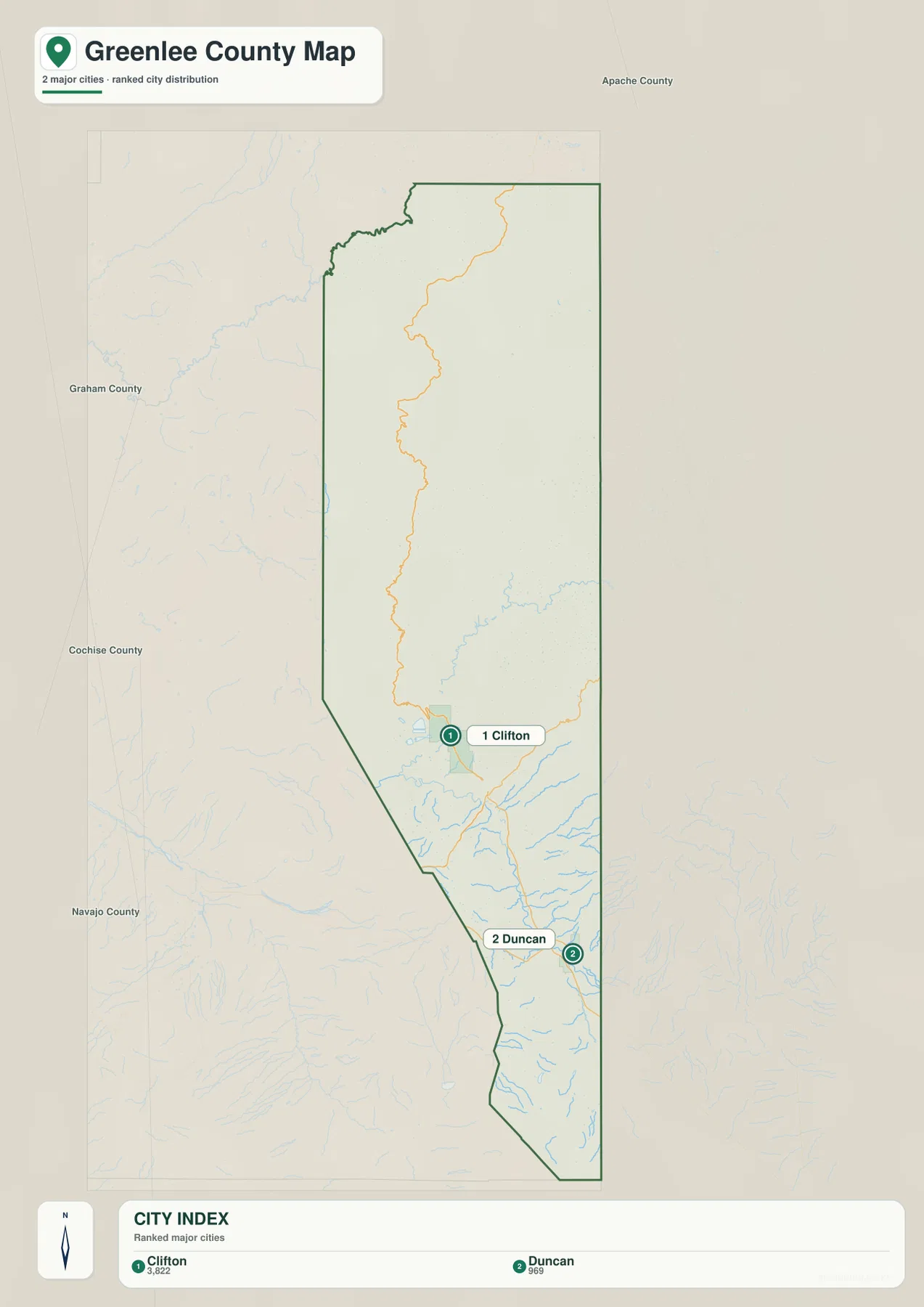 Greenlee County city map showing the ranked locations of Clifton and Duncan
