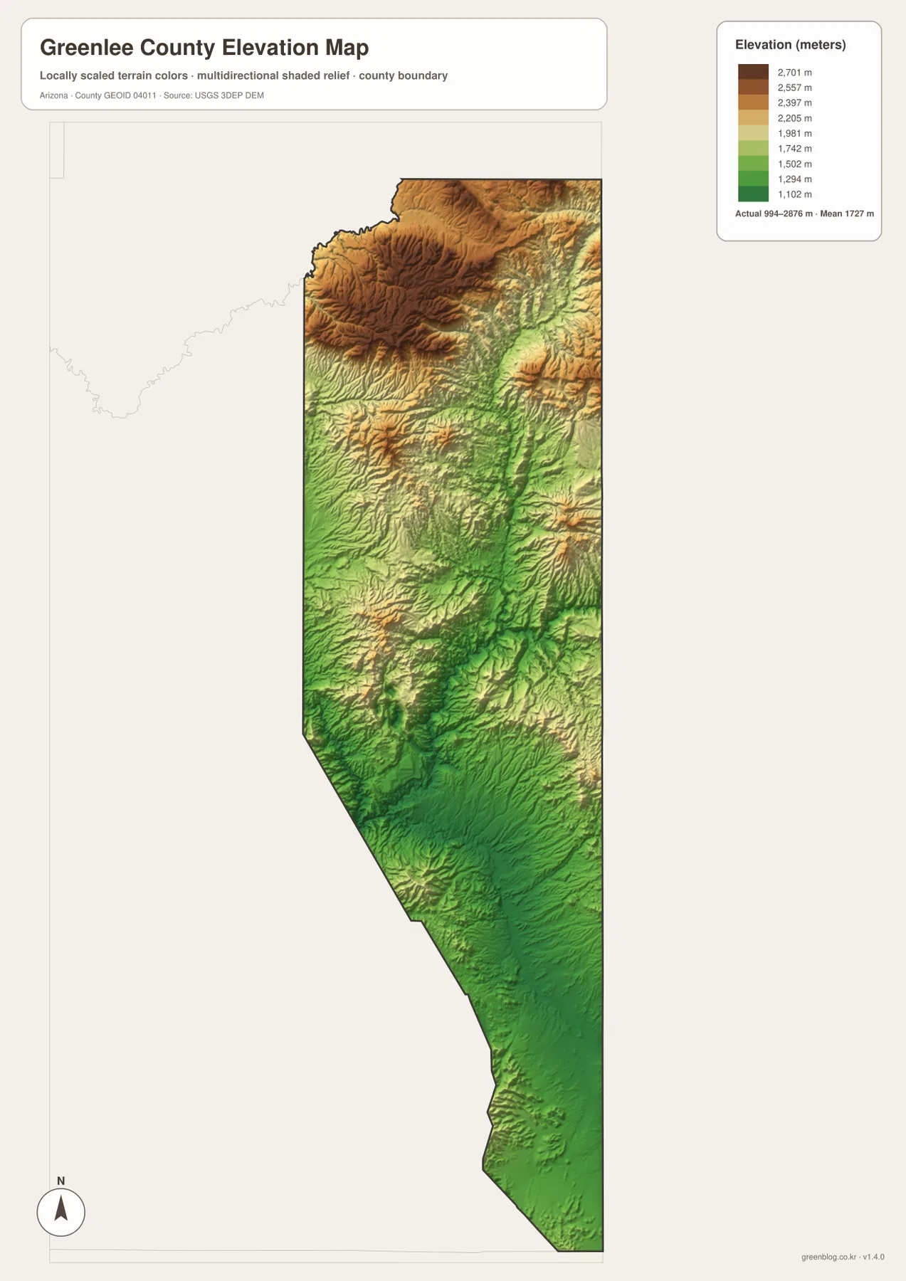 Greenlee County elevation map showing high northern mountains and lower southern valleys