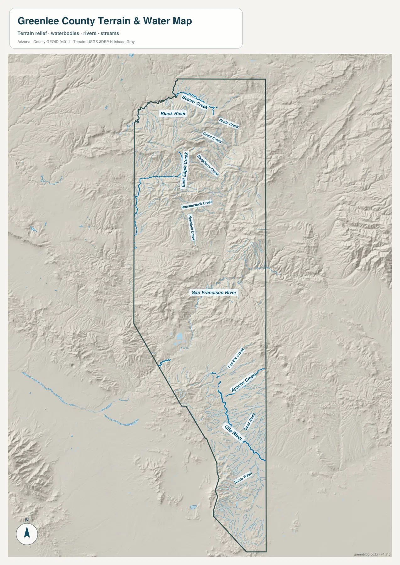 Greenlee County water map showing Black River, San Francisco River, Gila River and mountain creeks