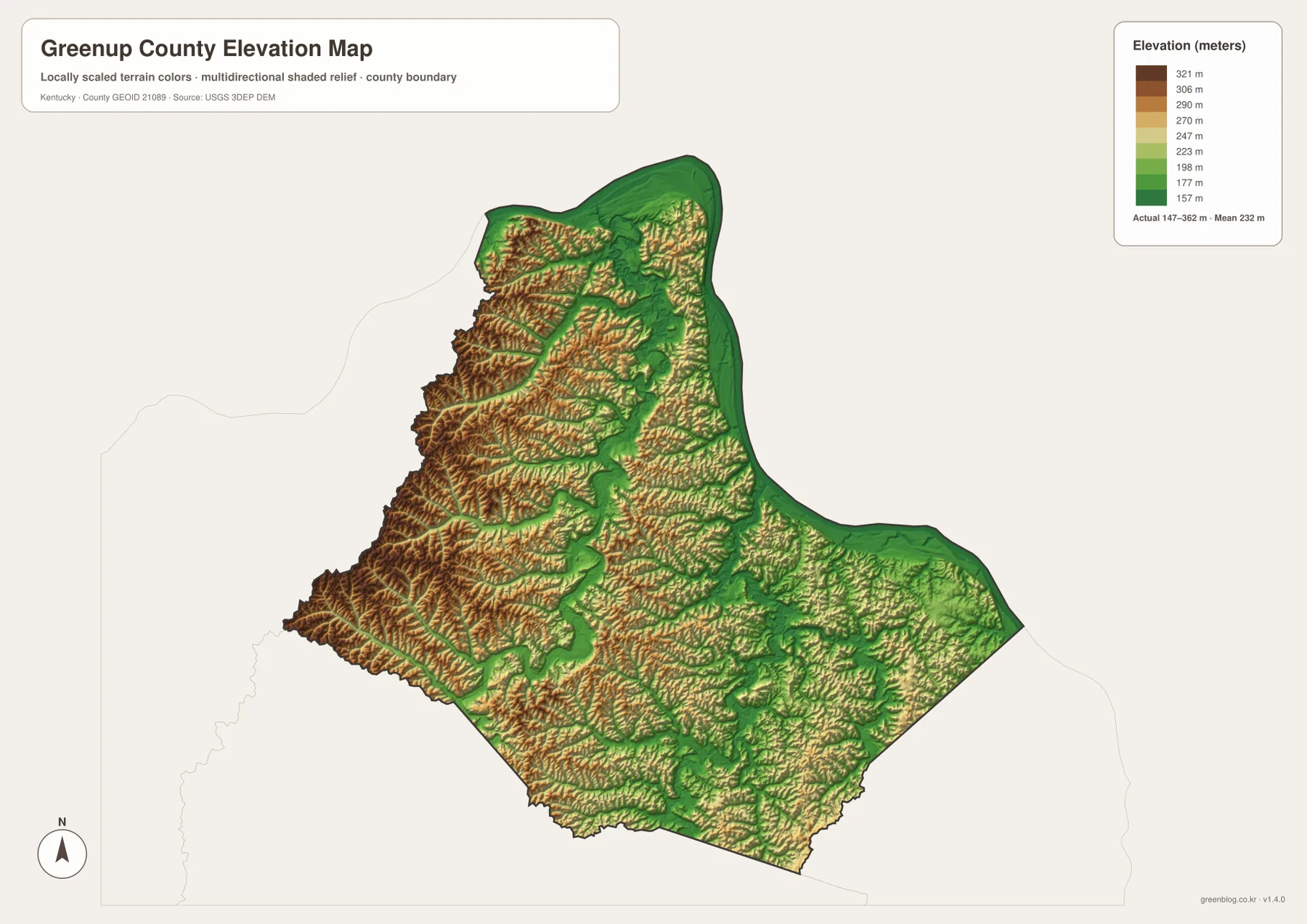 Greenup County elevation map showing an actual 147 to 362 meter range and a 232 meter mean