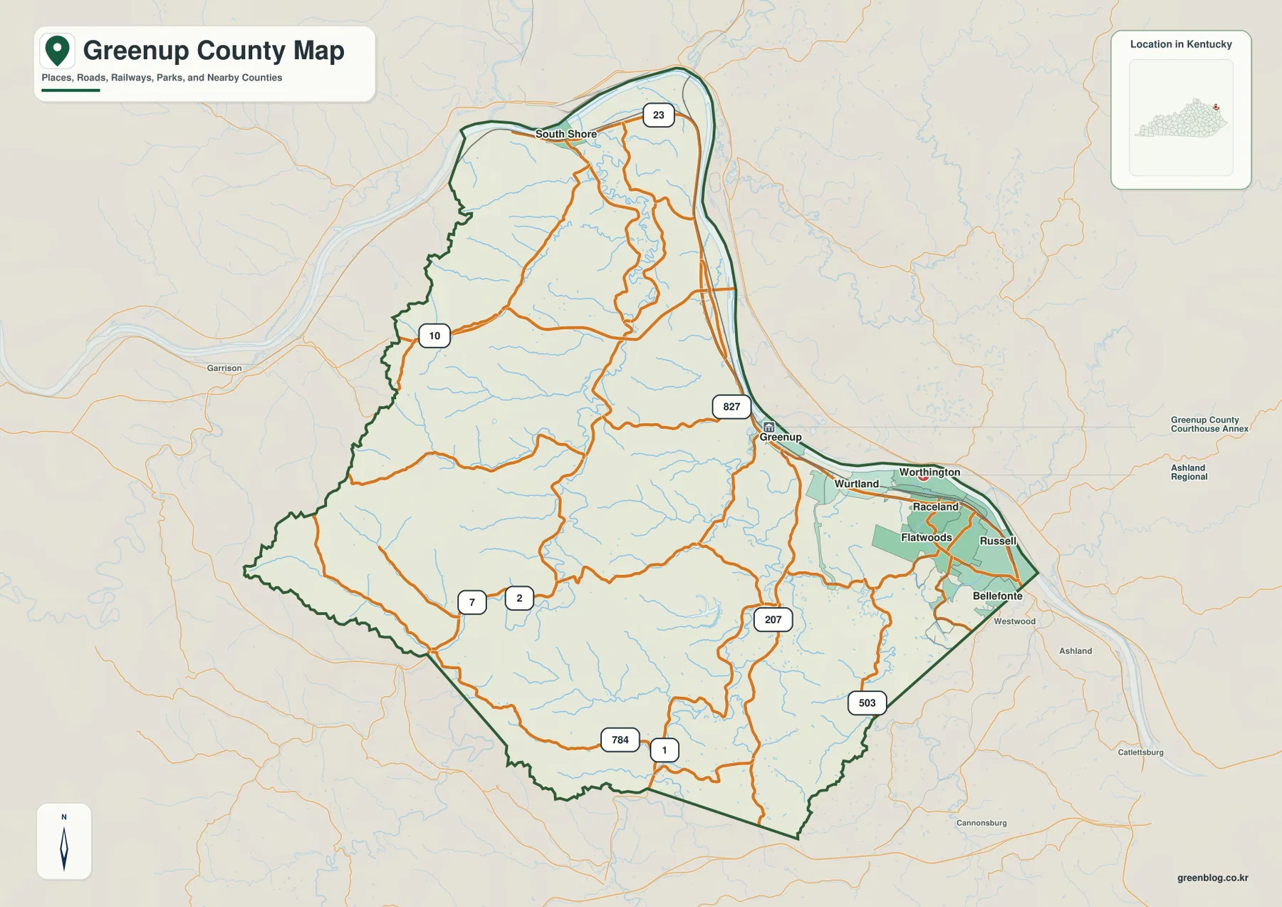 Greenup County Kentucky map showing South Shore, Greenup, Flatwoods, Russell, U.S. 23, and major state roads
