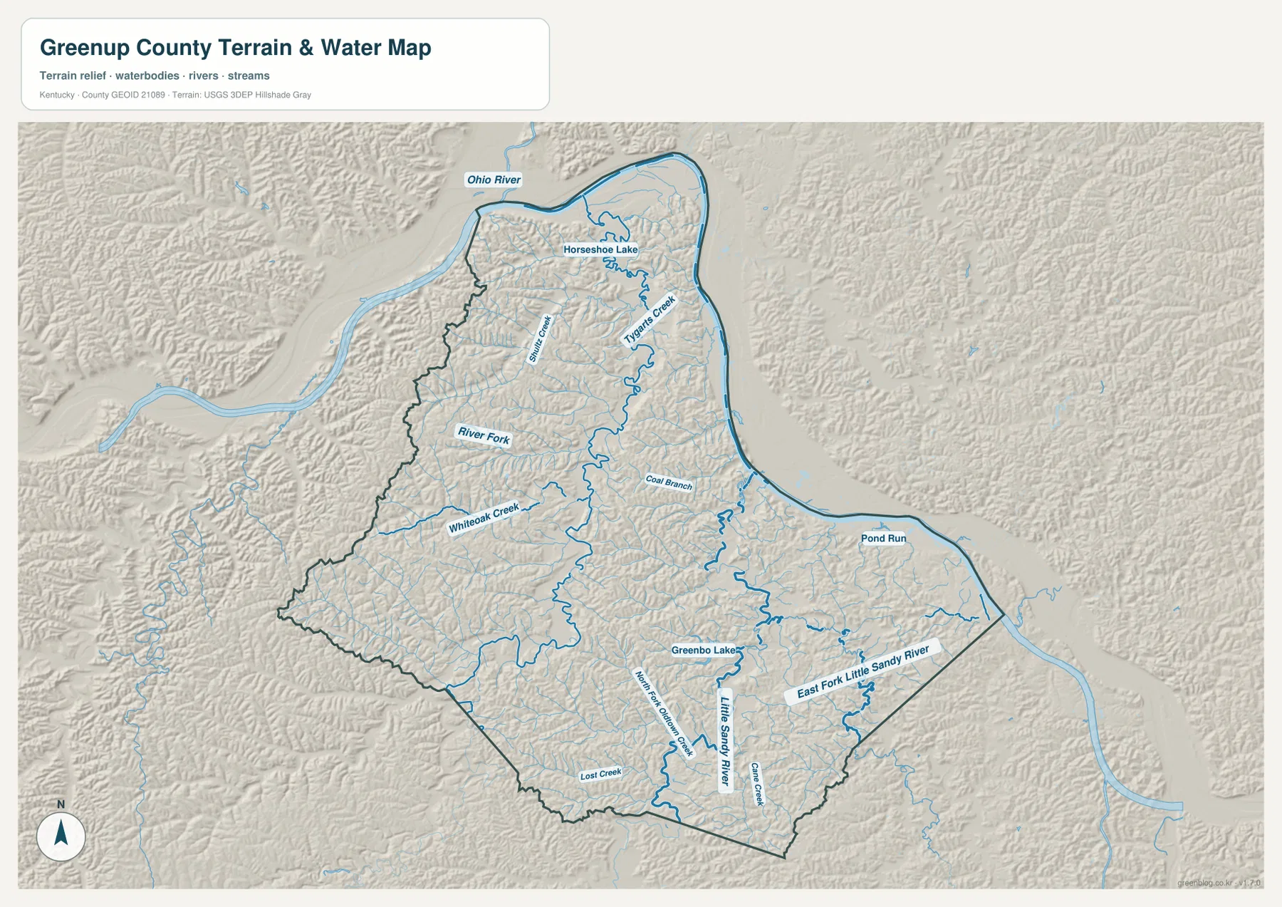 Greenup County terrain and water map showing the Ohio River, Tygarts Creek, Greenbo Lake, and Little Sandy River