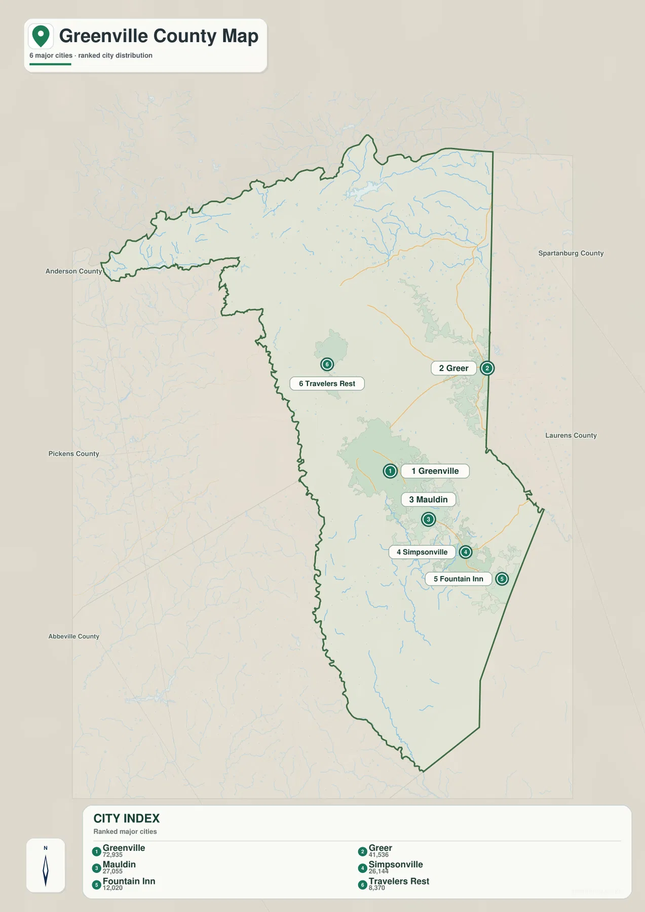 Greenville County city map showing Greenville, Greer, Mauldin, Simpsonville, Fountain Inn, and Travelers Rest