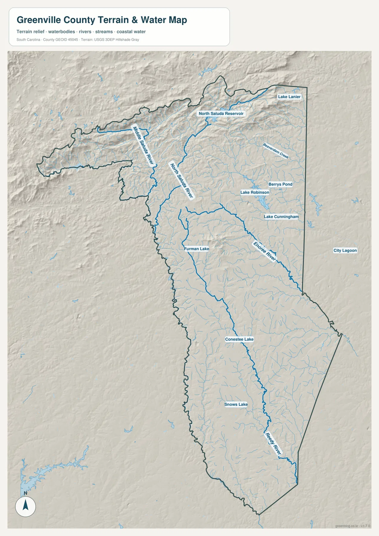 Greenville County terrain and water map with North Saluda Reservoir, Reedy River, Enoree River, lakes, and shaded relief
