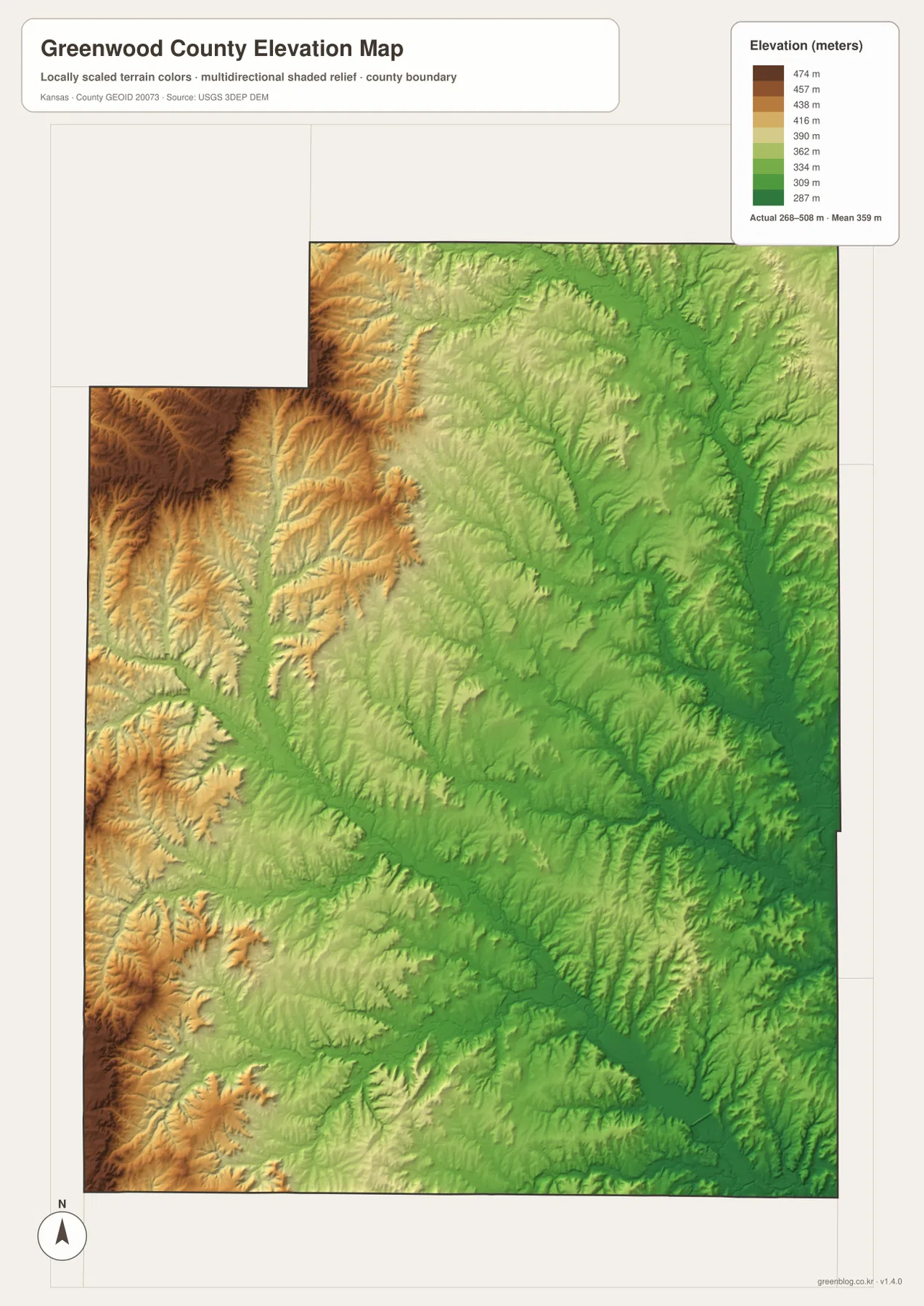 Greenwood County elevation map showing the 268–508 meter range, higher western Flint Hills and Osage Cuestas, and lower eastern Verdigris River valleys