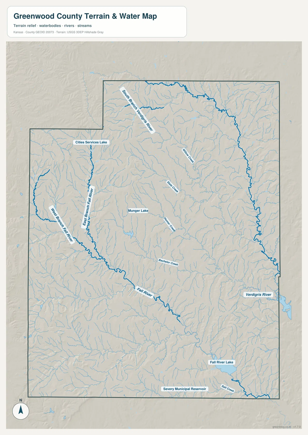 Greenwood County terrain and water map showing Fall River, Verdigris River, East Branch Fall River, West Branch Fall River, South Branch Verdigris River, Willow Creek, and lakes