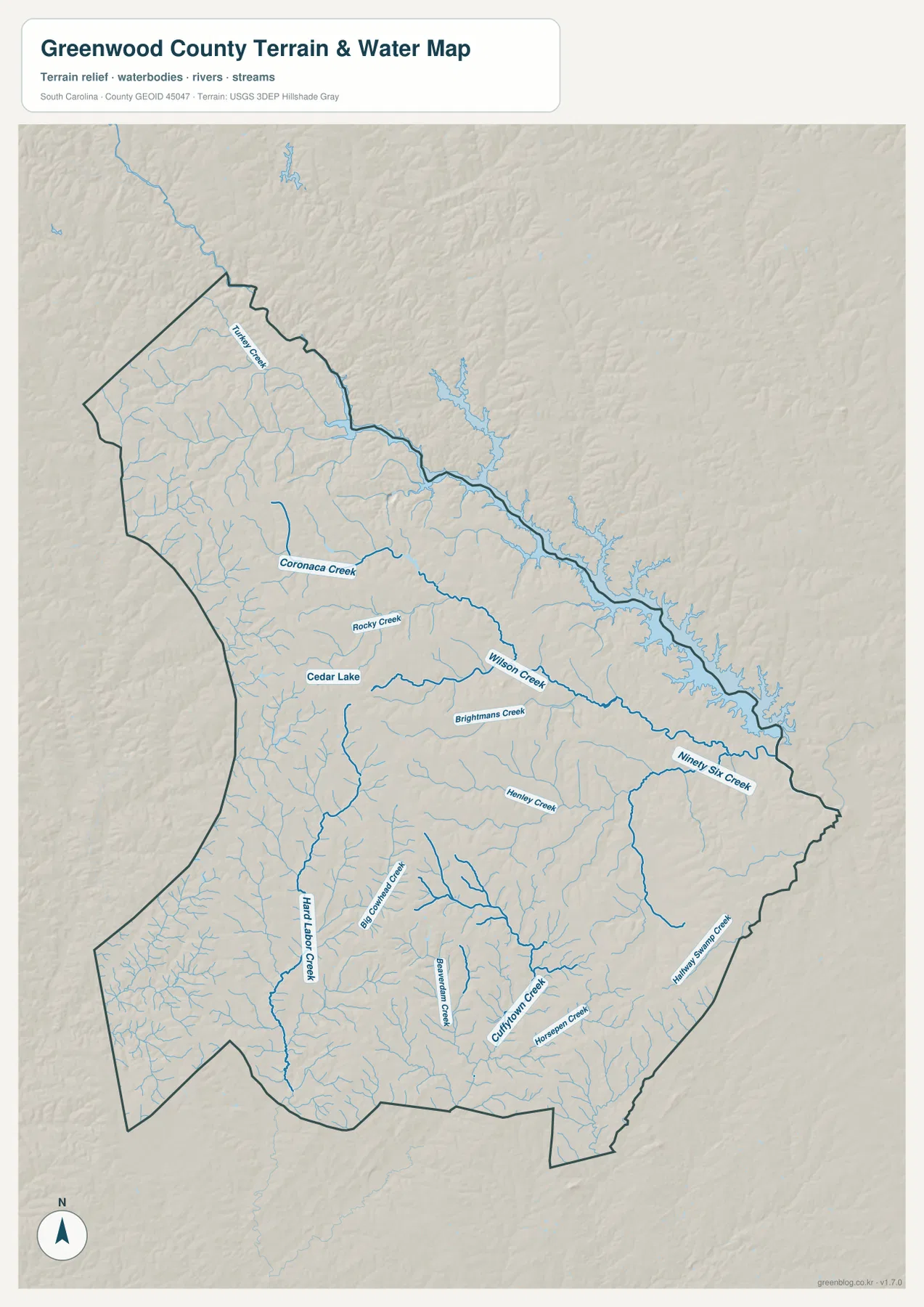 Greenwood County terrain and water map with Turkey Creek, Wilson Creek, Ninety Six Creek, Hard Labor Creek, and shaded relief