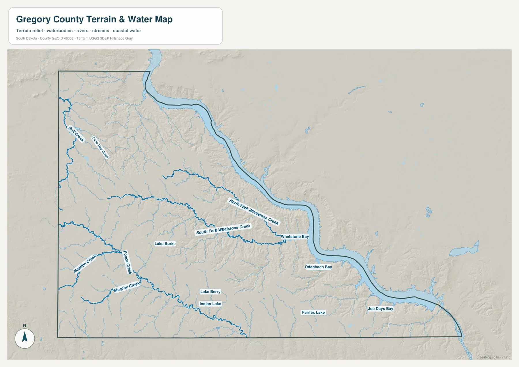 Bull Creek, Lone Tree Creek, Ponca Creek, Whetstone Creek 지류와 Whetstone Bay, Odenbach Bay, Joe Days Bay가 표시된 그레고리 카운티 수역 지도