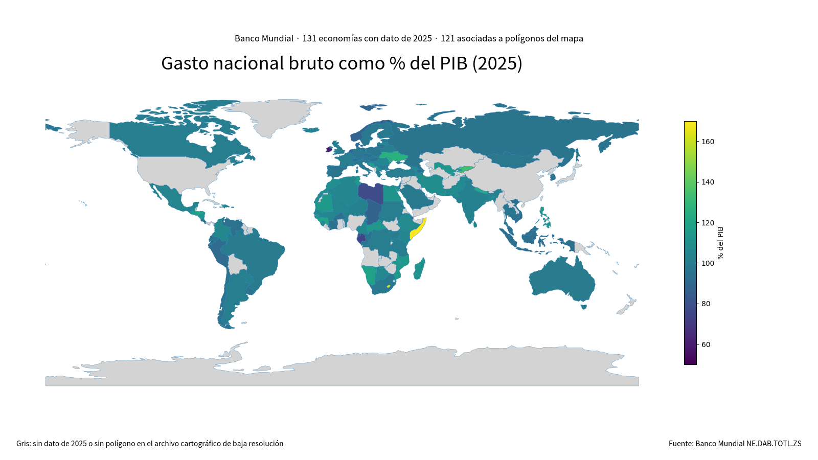 Mapa mundial del gasto nacional bruto como porcentaje del PIB en 2025
