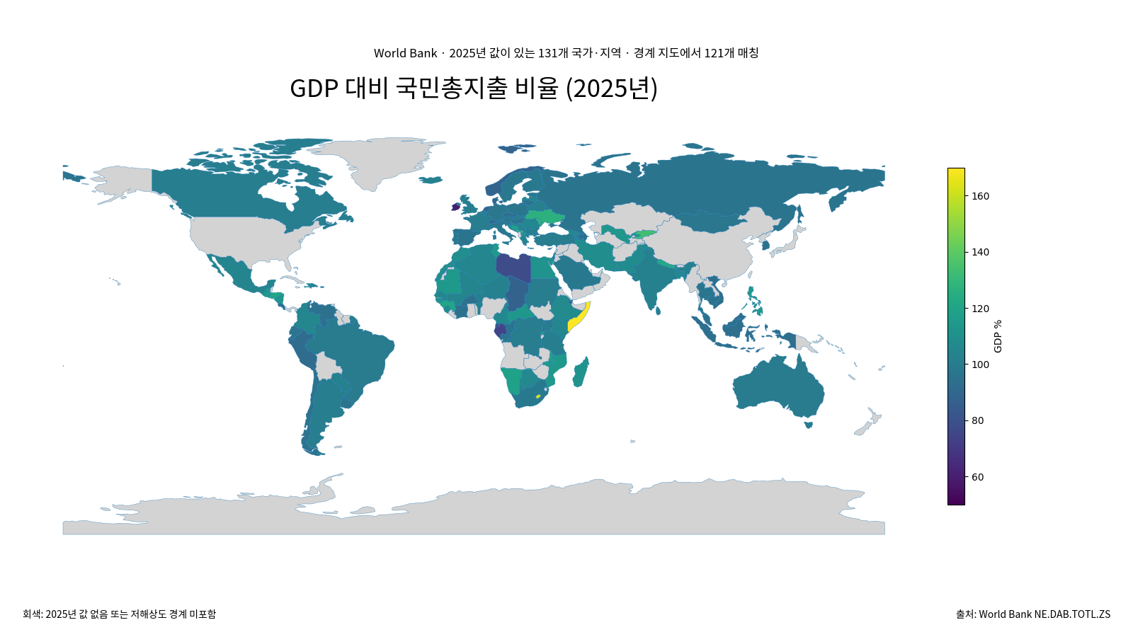 2025년 GDP 대비 국민총지출 비율을 국가별로 보여주는 세계 지도