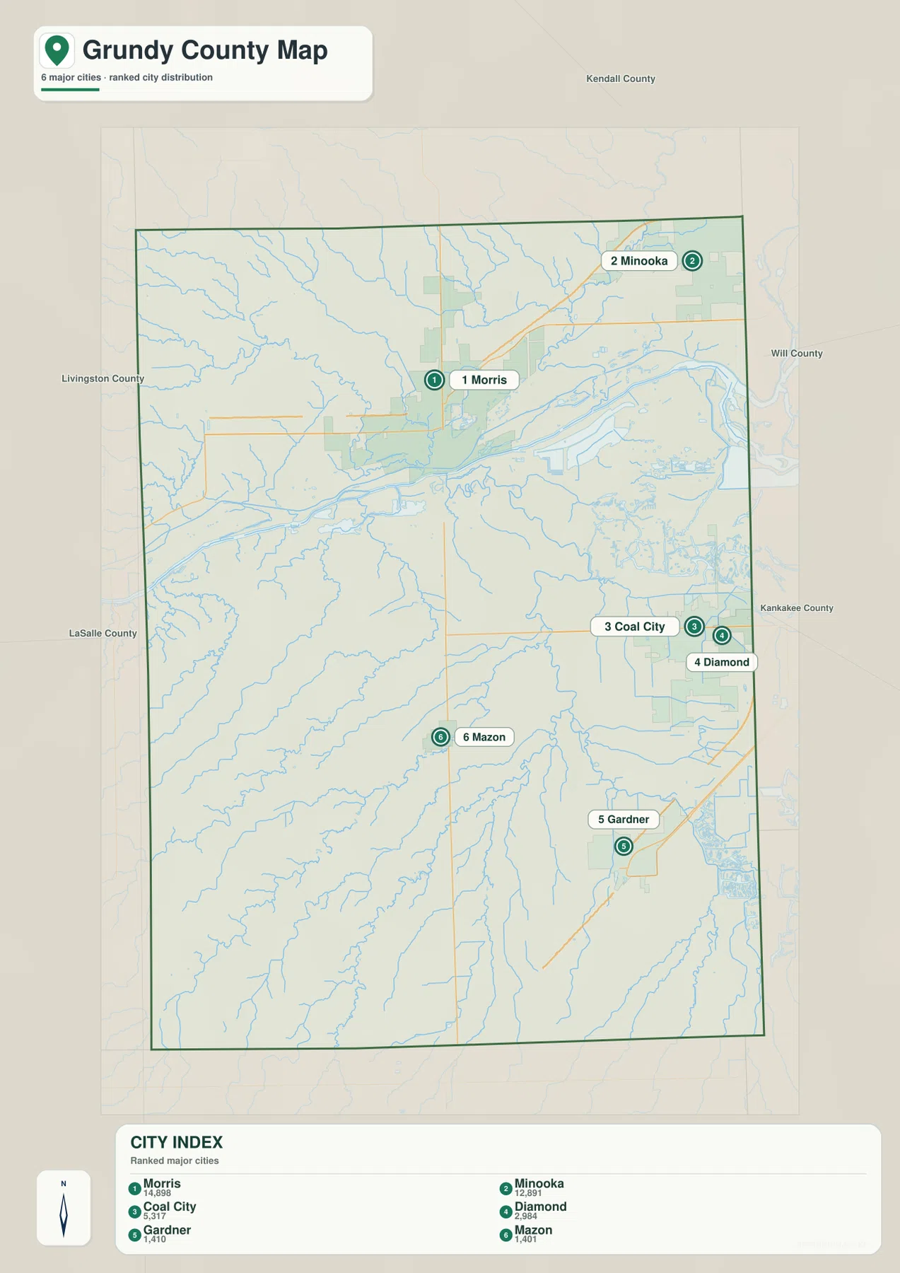 Grundy County 도시 지도에 표시된 Morris, Minooka, Coal City, Diamond, Gardner, Mazon 순위