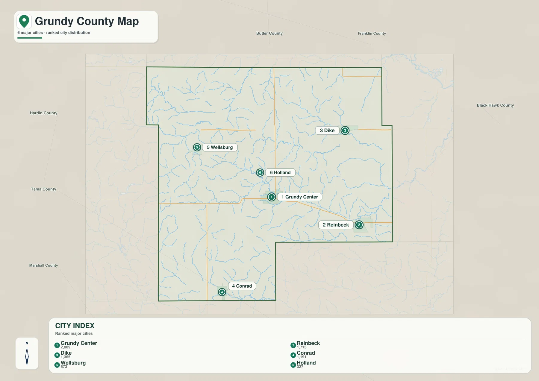 Grundy County Iowa city map Grundy Center Reinbeck Dike Conrad Wellsburg Holland