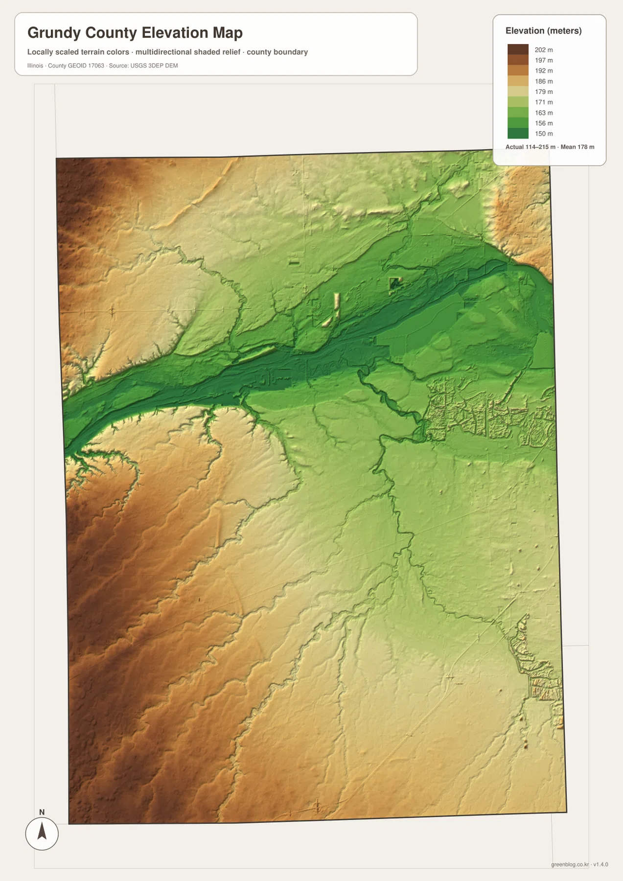 Grundy County 고도 지도에 표시된 114~215m 범위와 Illinois River 저지대