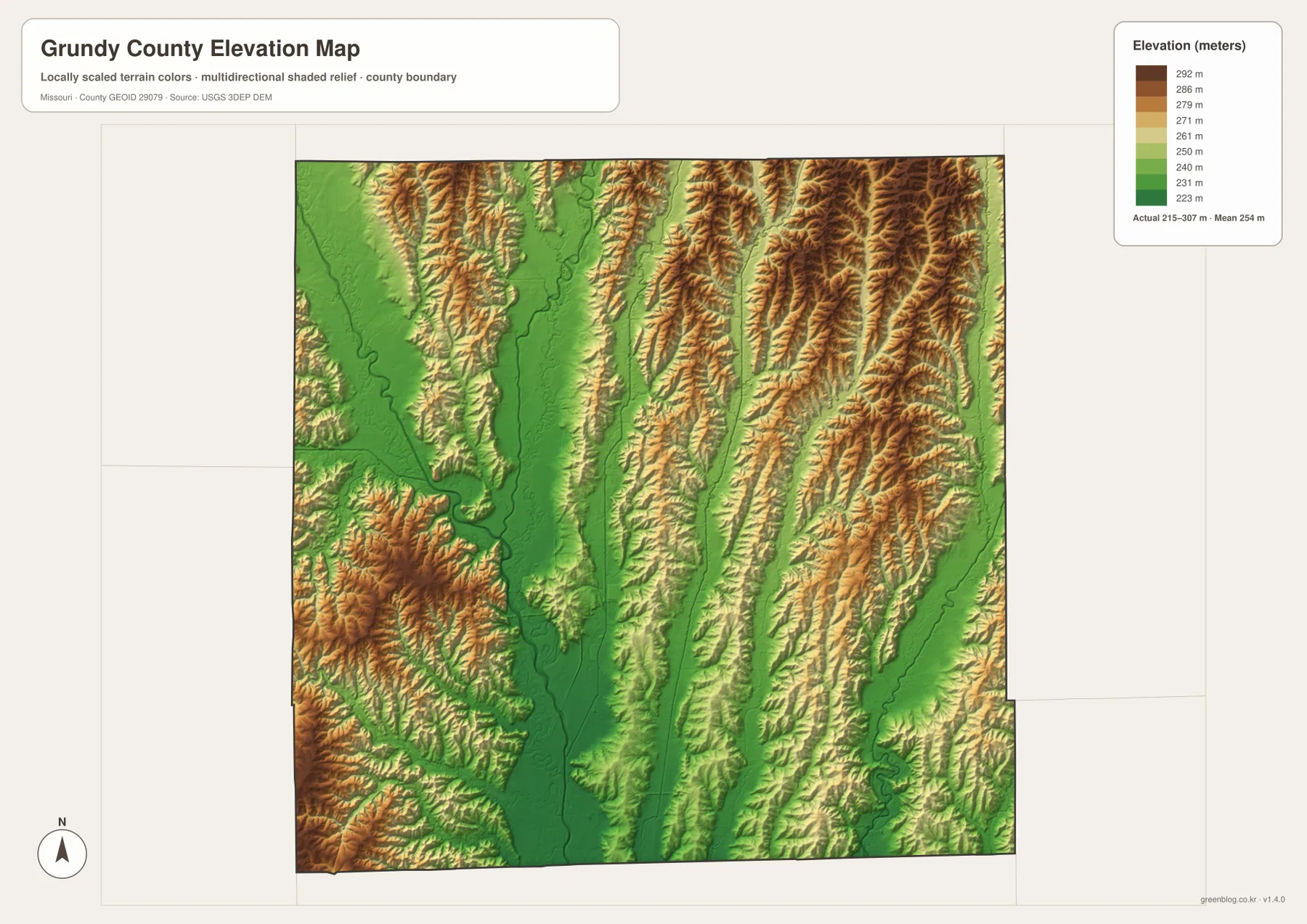 Grundy County elevation map from 215 to 307 meters