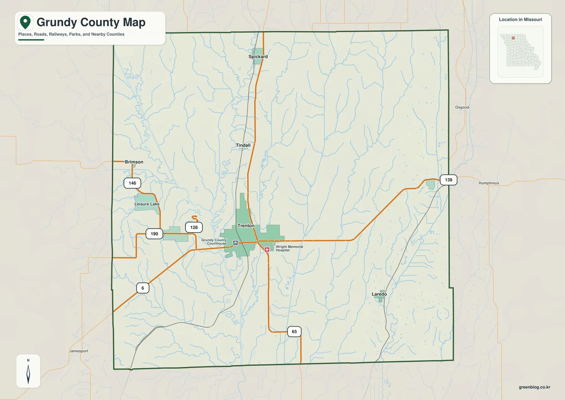 Grundy County Missouri roads and Trenton map