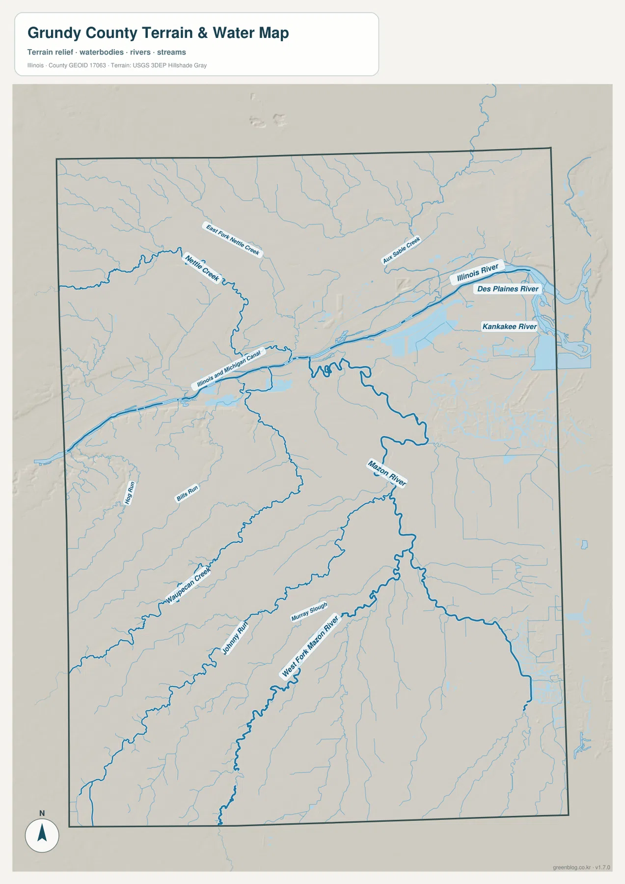 Grundy County 수역 지도에 표시된 Des Plaines River, Kankakee River, Illinois River와 Mazon River