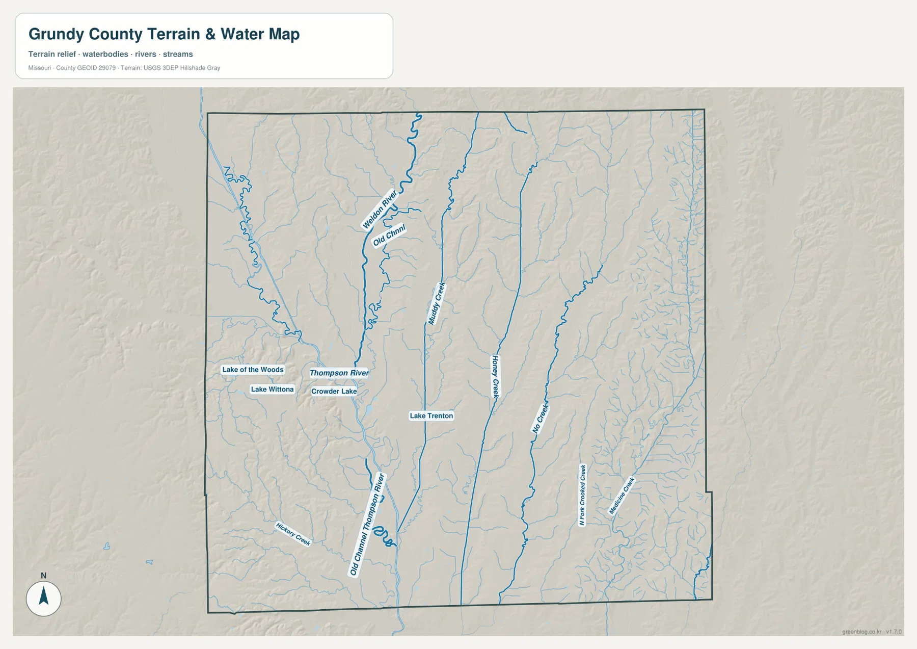 Grundy County Thompson River and Weldon River terrain map