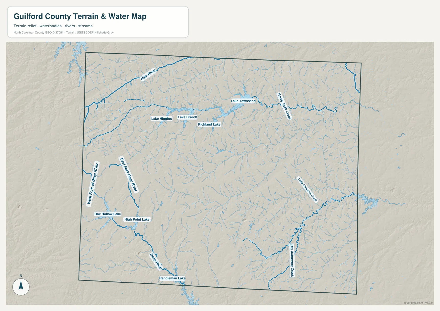 Guilford County terrain and water map with Lake Townsend Lake Brandt Lake Higgins Deep River and Alamance Creek