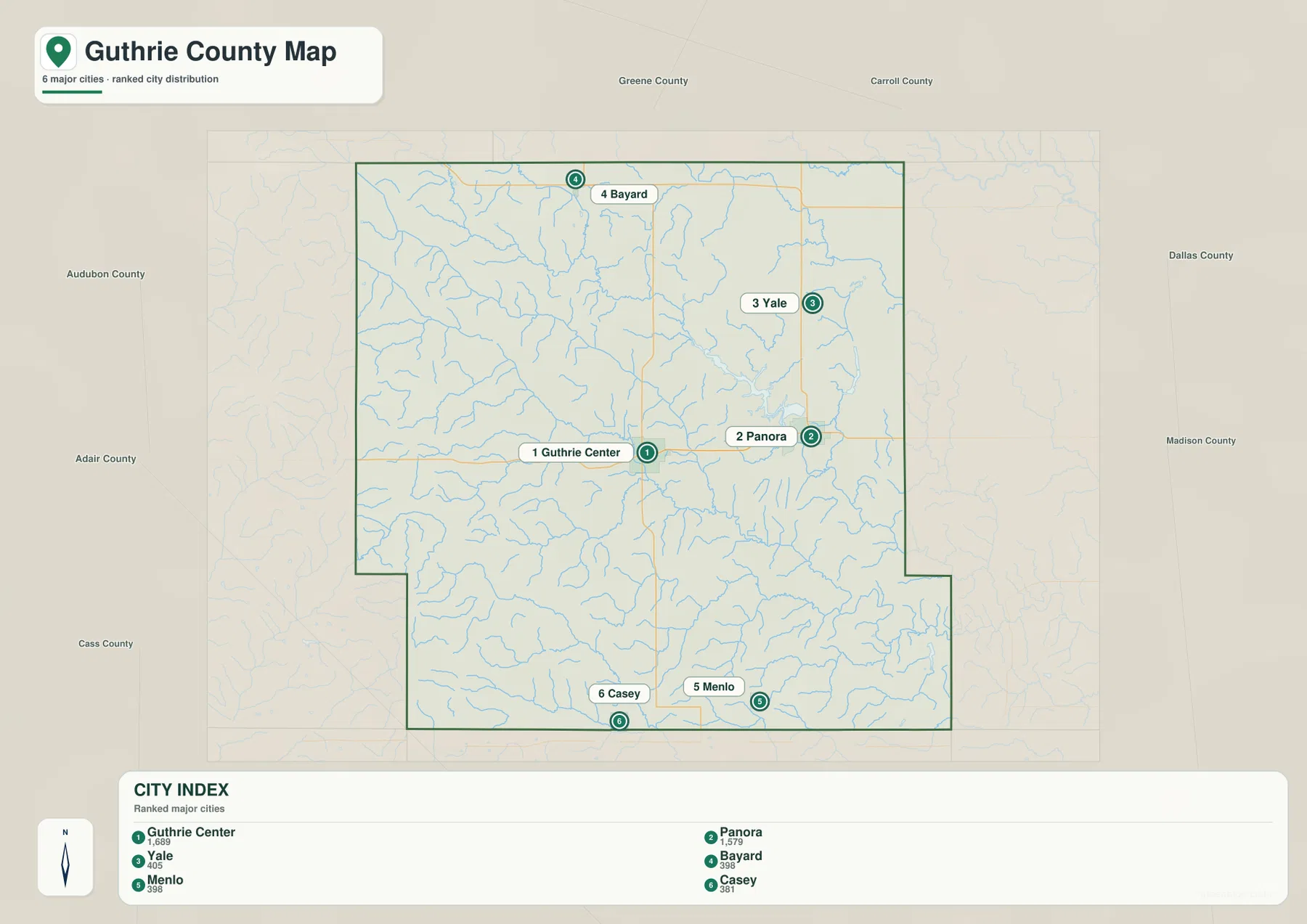 Guthrie County Iowa city map Guthrie Center Panora Yale Bayard Menlo Casey