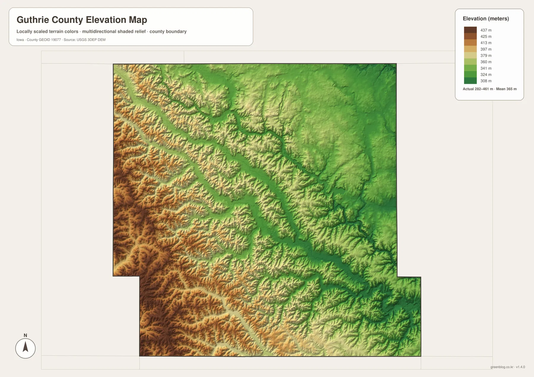 Guthrie County Iowa elevation map 282 461 meters western hills Raccoon River valleys