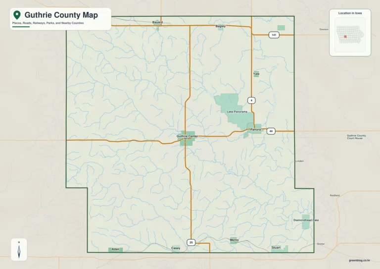아이오와주 거스리 카운티(Guthrie County) 지도 – Guthrie Center·Panora와 Raccoon River 골짜기