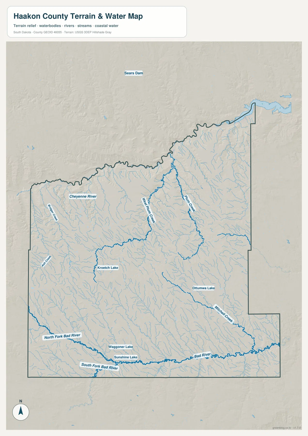 Bad River, Cheyenne River, West Plum Creek, Plum Creek, Midland Creek와 여러 호수가 표시된 하콘 카운티 수역 지도