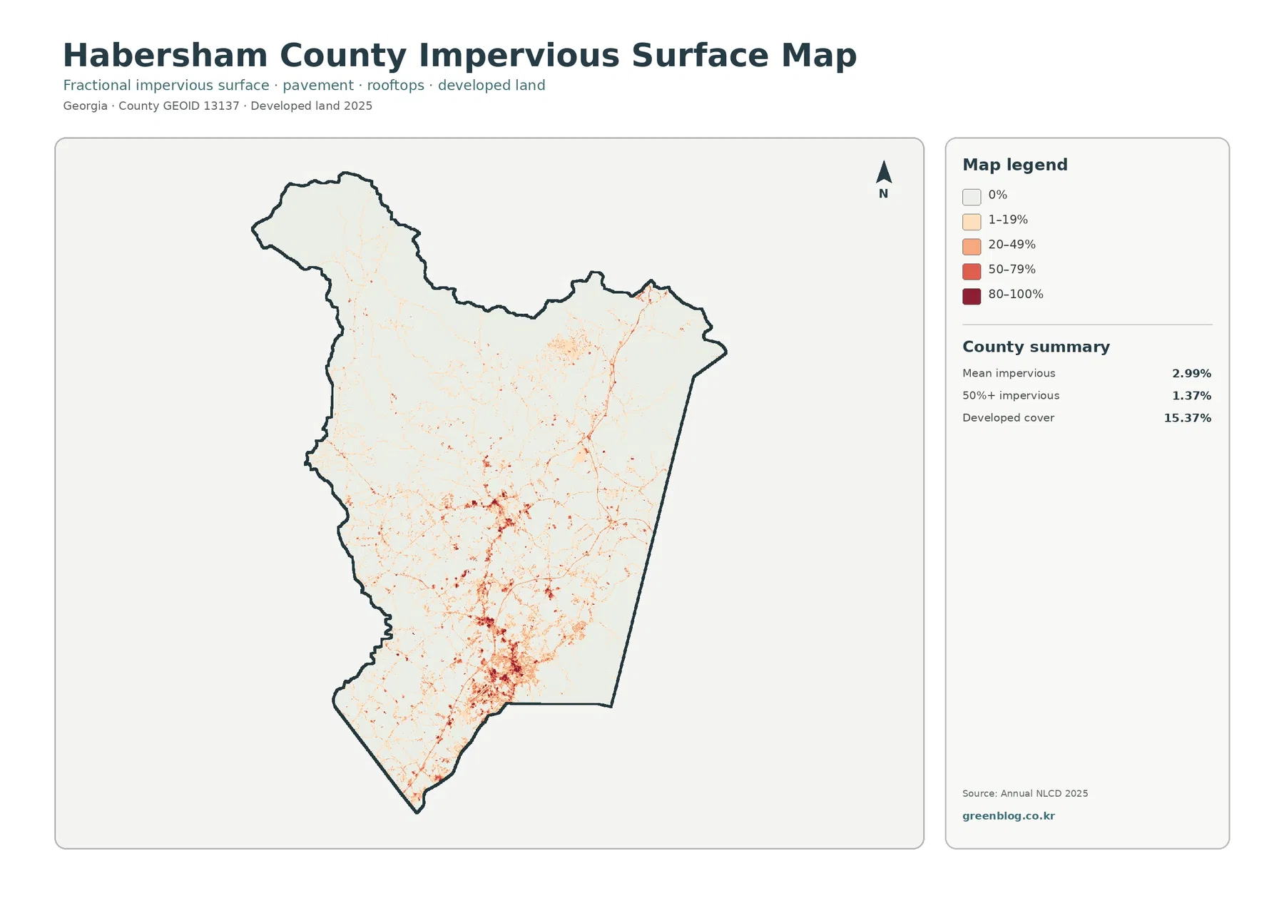 Habersham County 불투수·개발지 지도