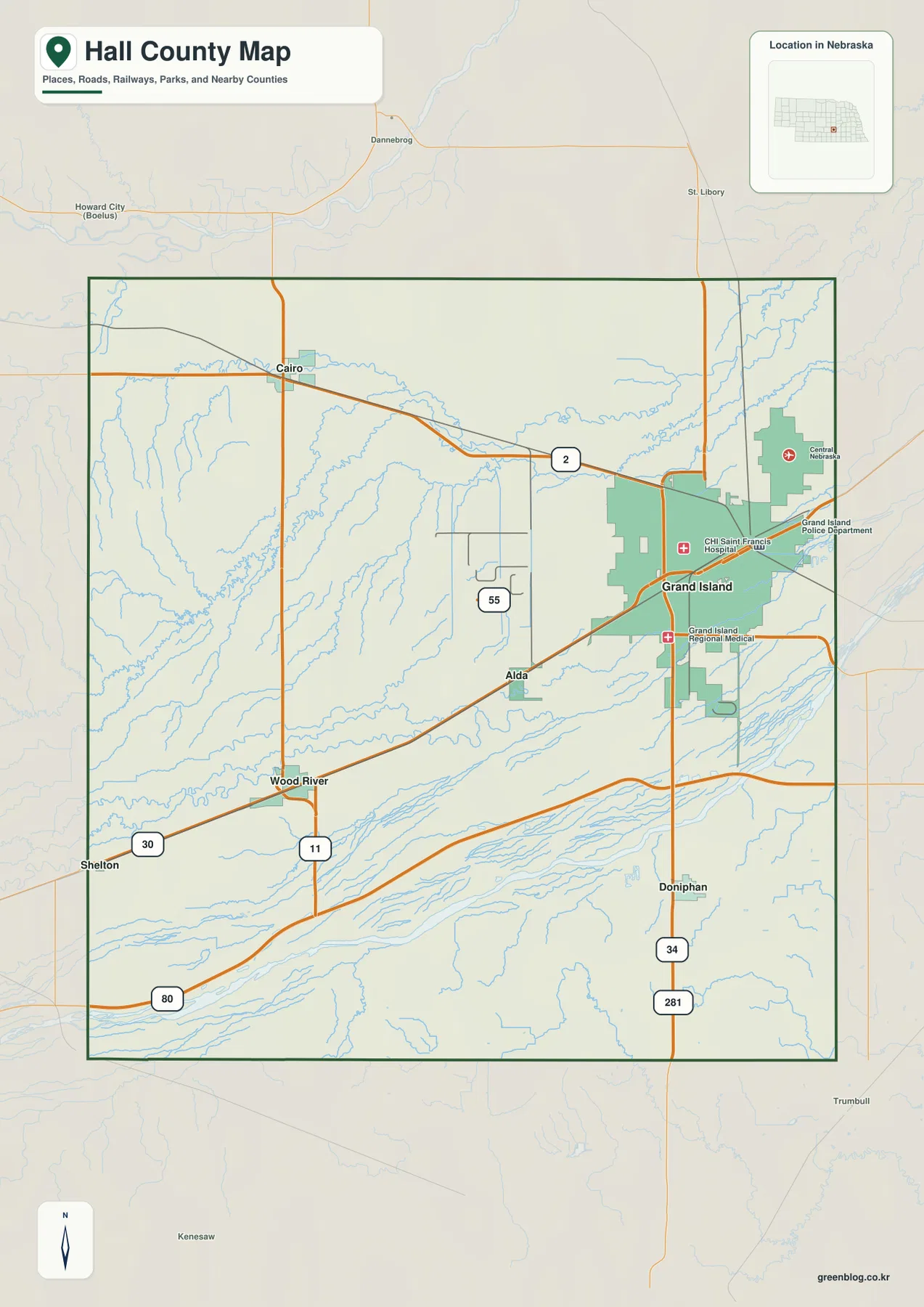 Grand Island, Wood River, Alda, Cairo, Doniphan과 Interstate 80, U.S. 30, 34, 281 및 주요 도로를 보여 주는 Hall County 지도