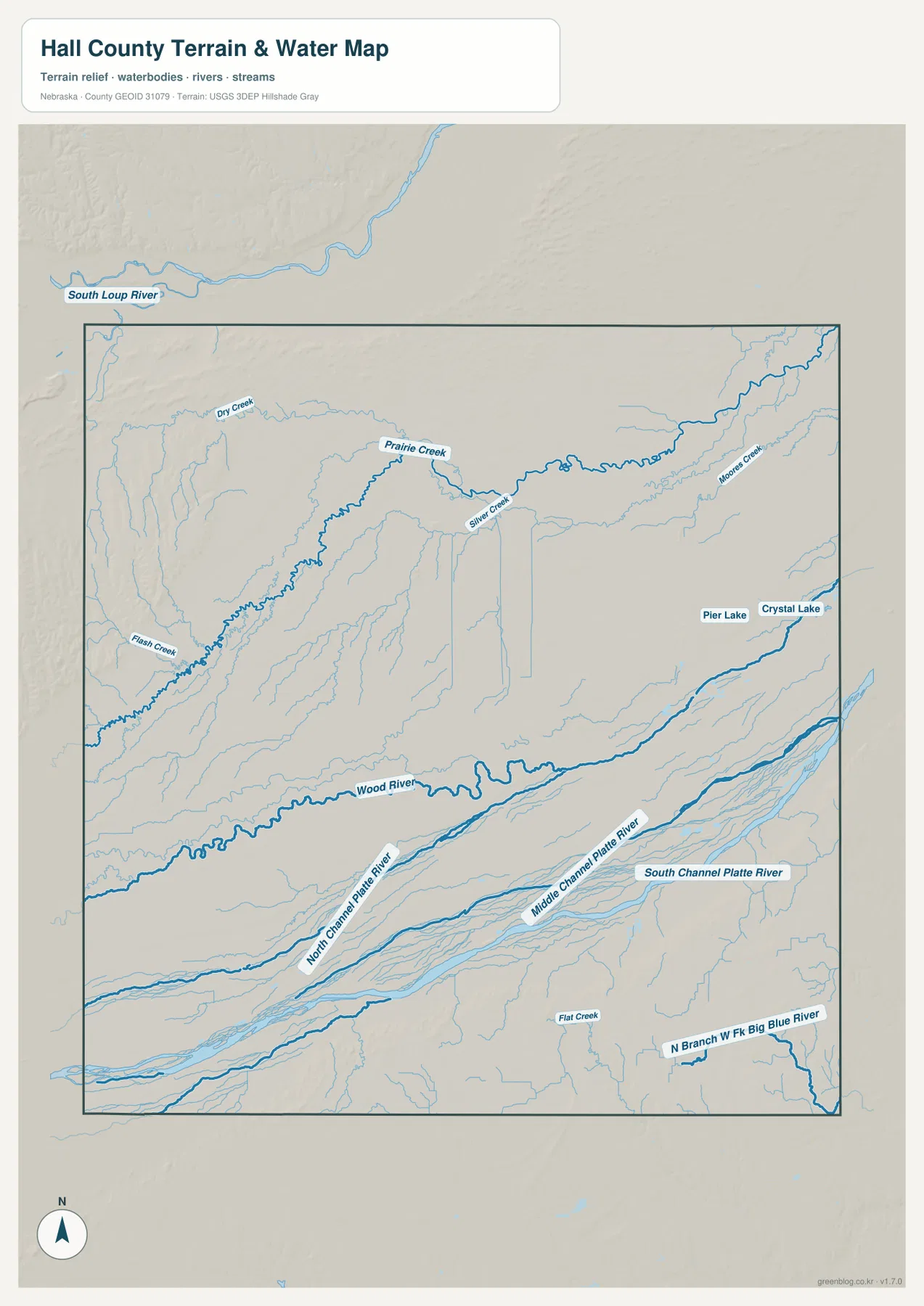 Platte River의 North, Middle, South Channel과 Wood River, Prairie Creek, Silver Creek, Moores Creek, Pier Lake, Crystal Lake를 보여 주는 Hall County 수역 지도