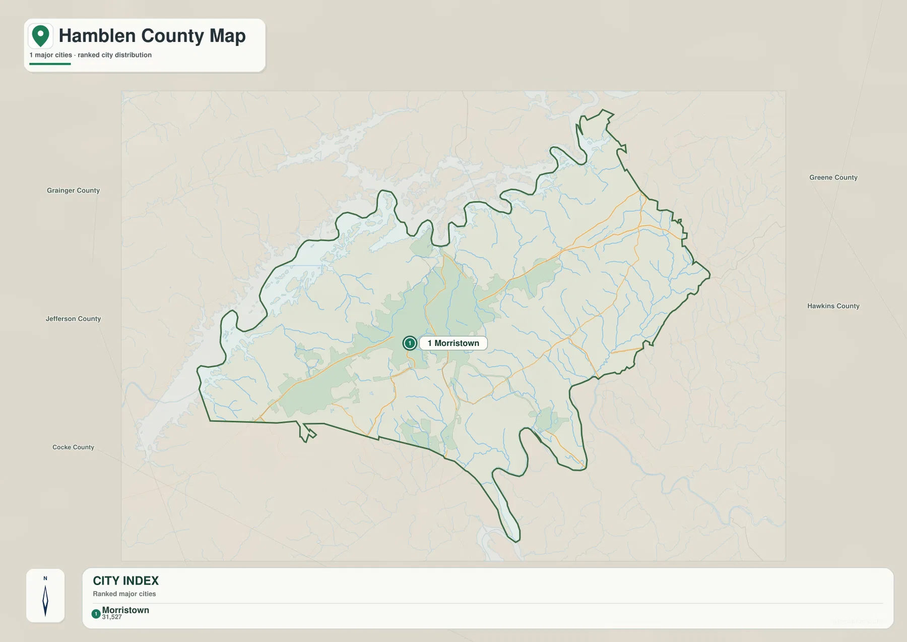 Hamblen County city map showing Morristown and the surrounding Tennessee counties