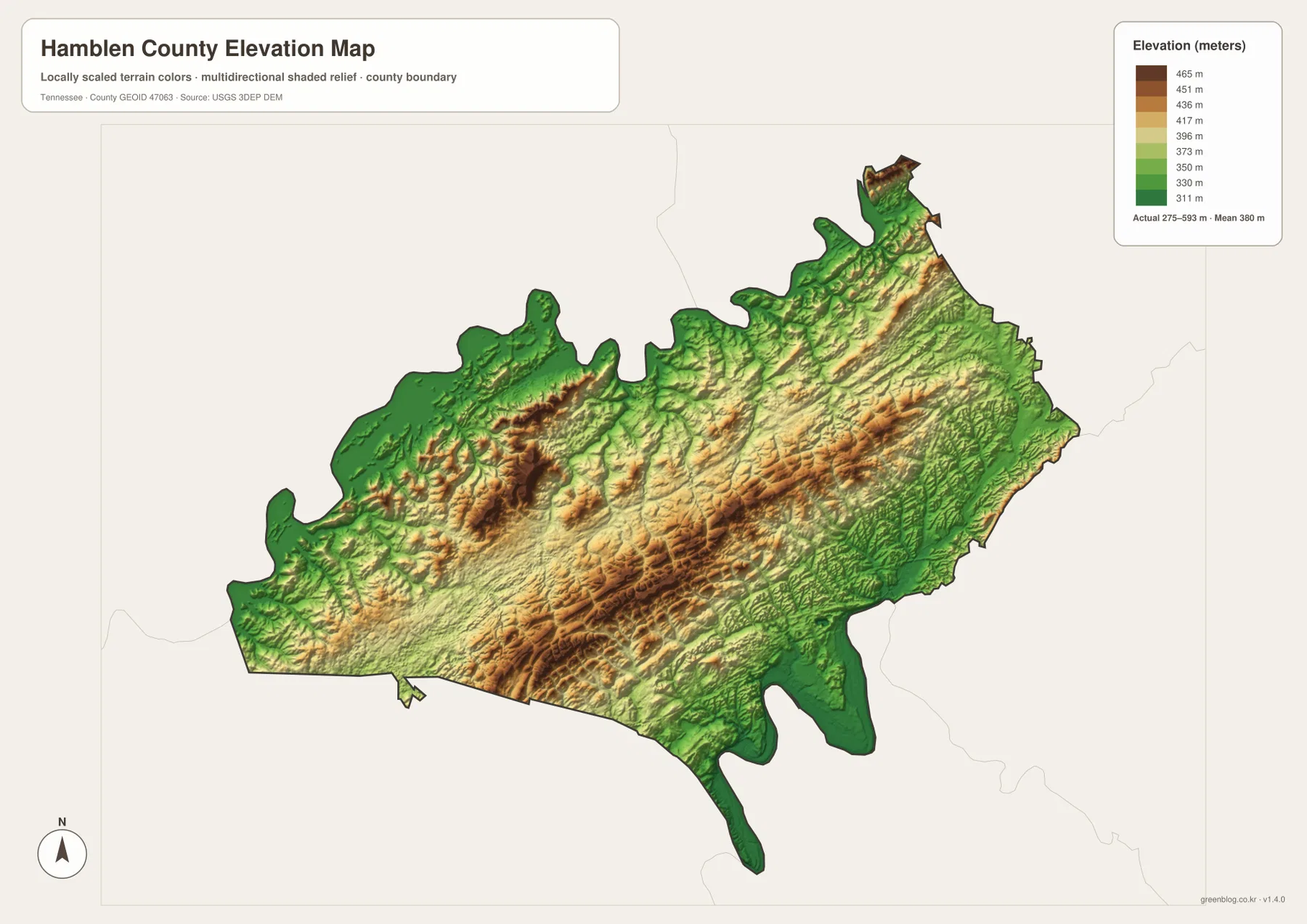 Hamblen County elevation map showing 275 to 593 meter relief, long central ridges and lower reservoir and creek valleys