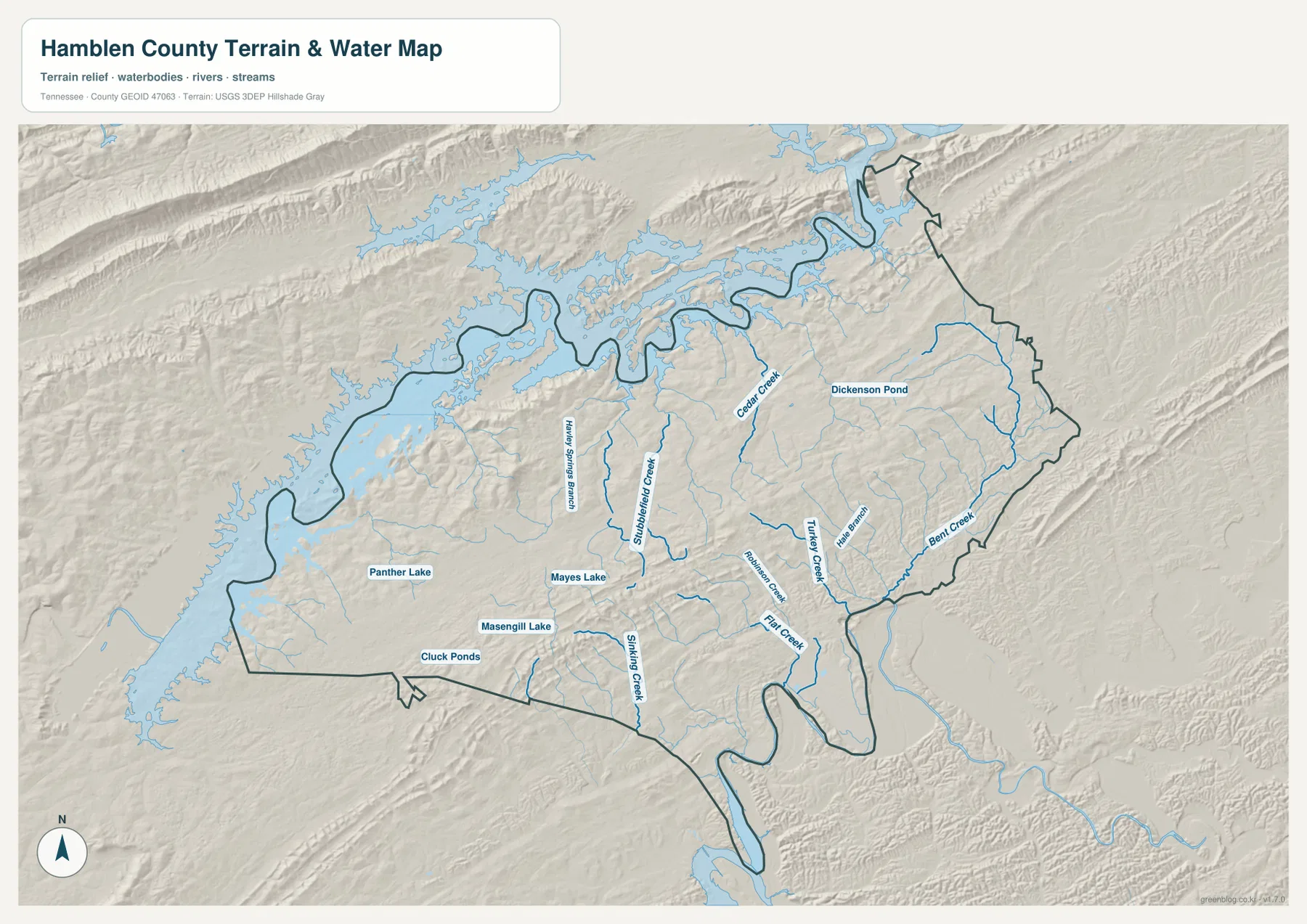 Hamblen County water map with reservoir shoreline, Cedar Creek, Stubblefield Creek, Turkey Creek, Bent Creek and named lakes