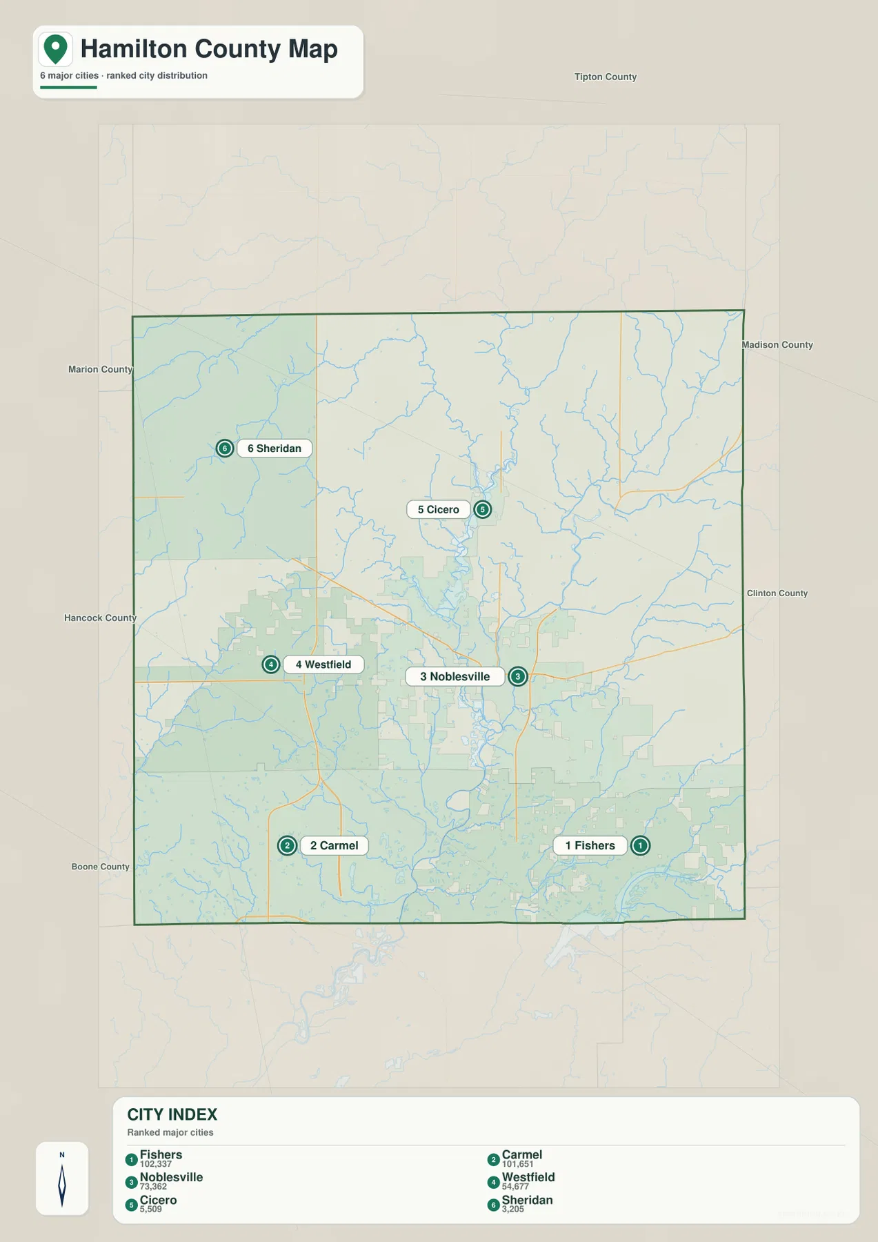 Hamilton County 도시 지도에 Fishers, Carmel, Noblesville, Westfield, Cicero, Sheridan이 순위와 함께 표시된 모습