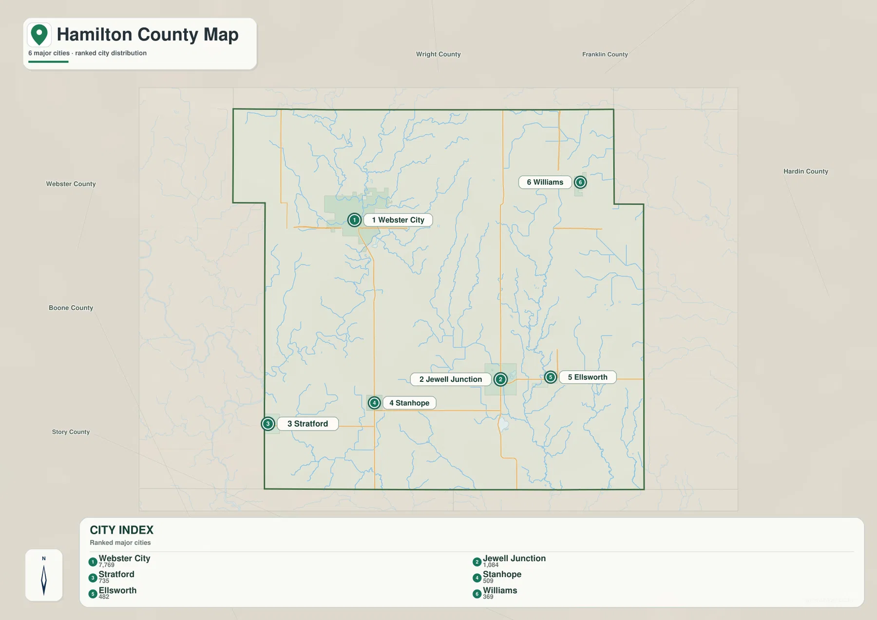 Hamilton County Iowa Webster City Jewell Junction Stratford Stanhope Ellsworth Williams 도시 지도