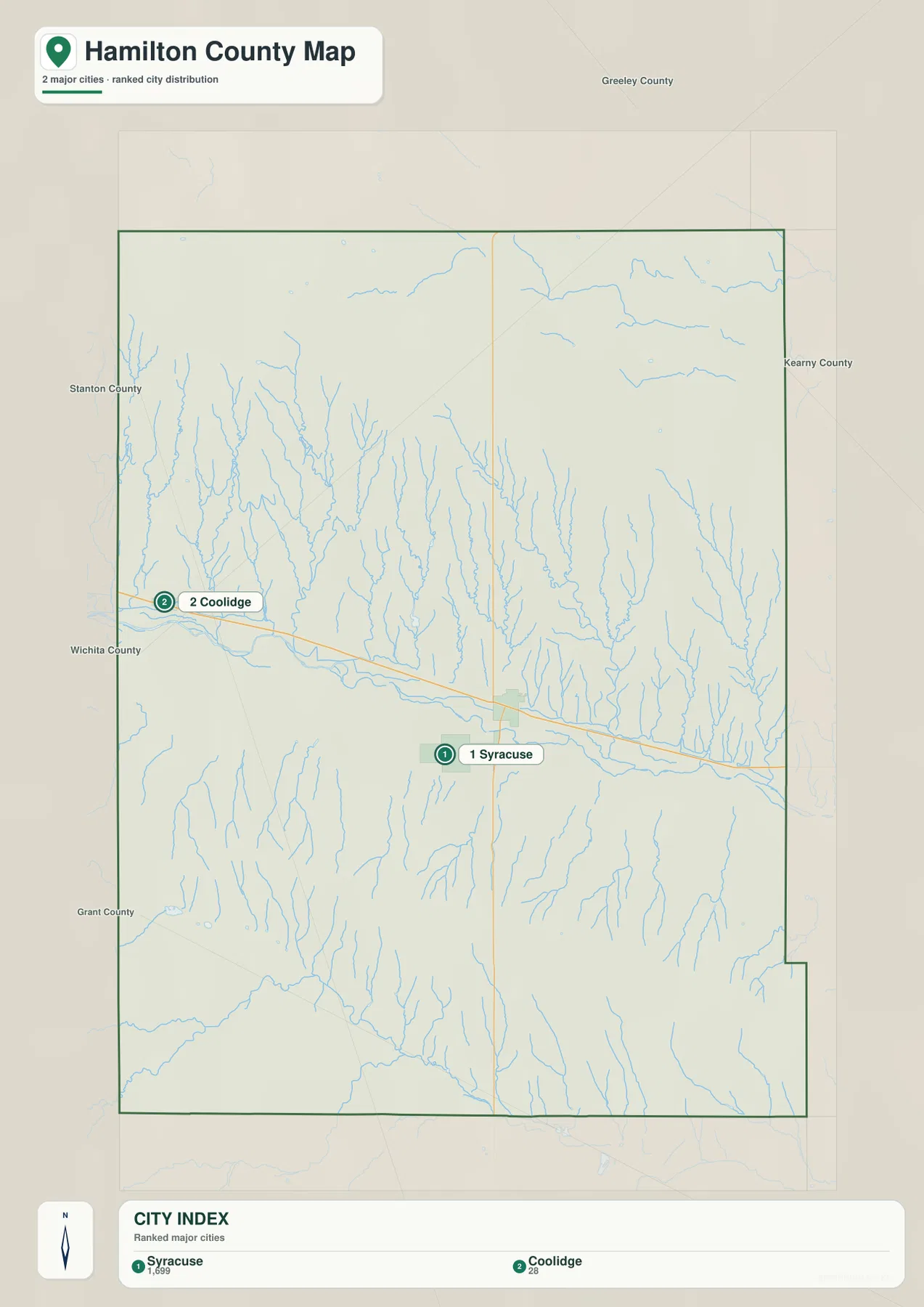 Hamilton County city map showing Syracuse and Coolidge as the two ranked major communities