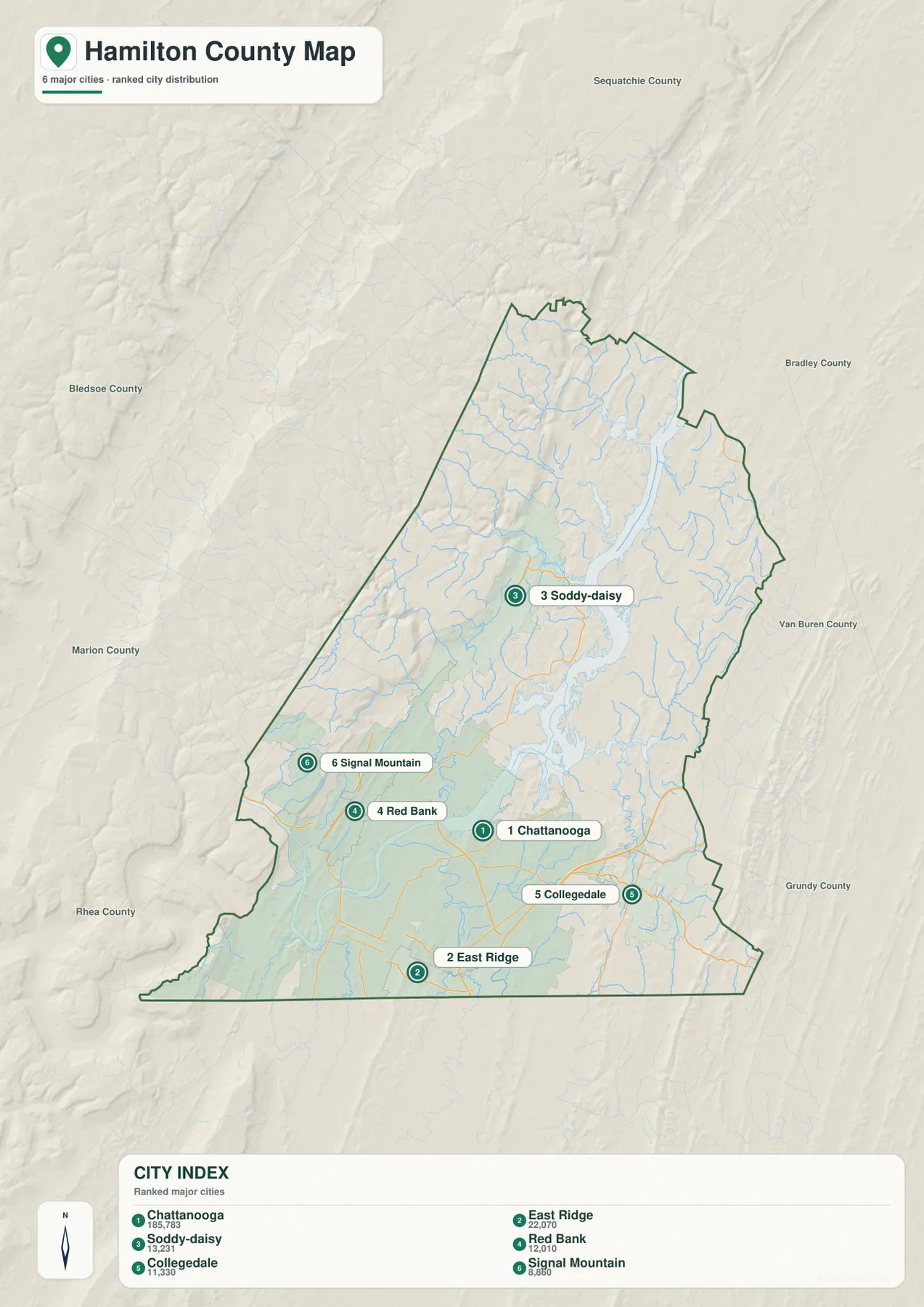 테네시주 해밀턴 카운티 도시 지도 - Chattanooga, East Ridge, Soddy-Daisy, Red Bank, Collegedale, Signal Mountain