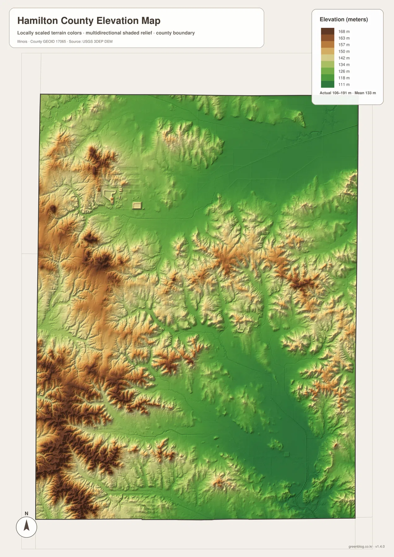 Hamilton County Illinois elevation map showing higher western and southwestern ridges and lower northern and eastern terrain