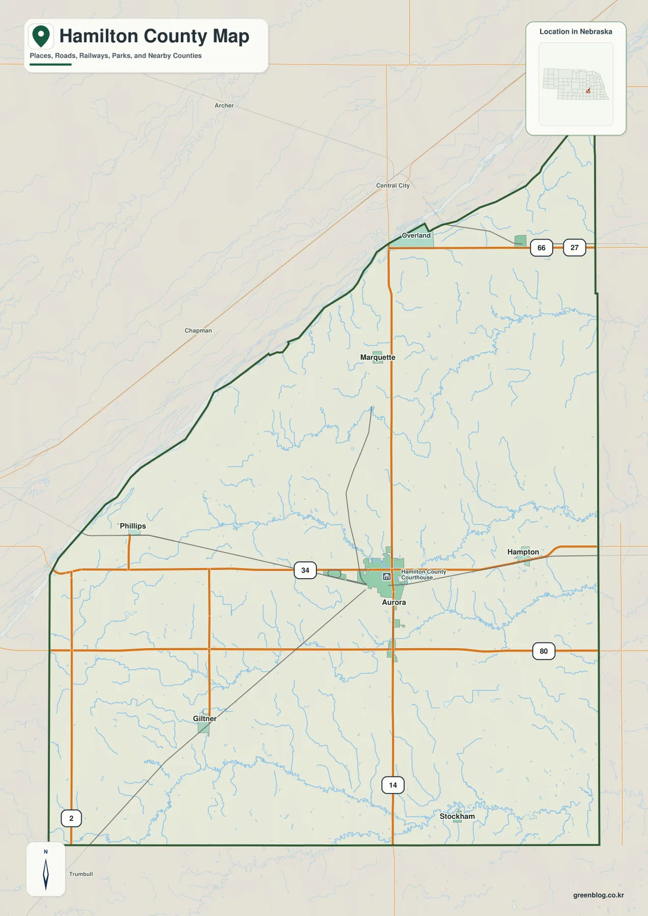 Aurora, Hampton, Giltner, Phillips, Marquette, Stockham과 U.S. 34, Highway 14, Interstate 80을 보여 주는 Hamilton County 지도