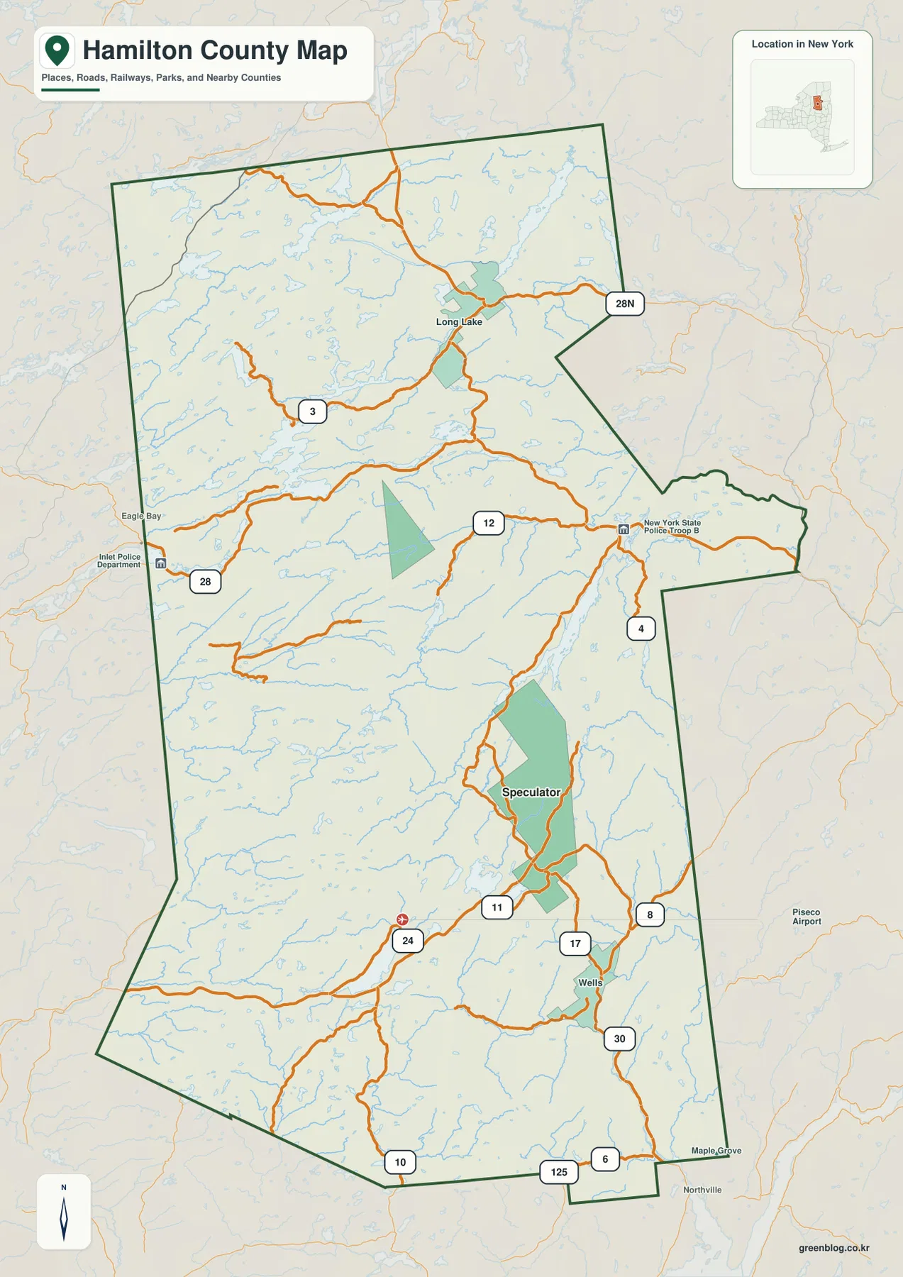 뉴욕주 해밀턴 카운티(Hamilton County) 지도 – Speculator·Long Lake와 Adirondack 호수·강 산지