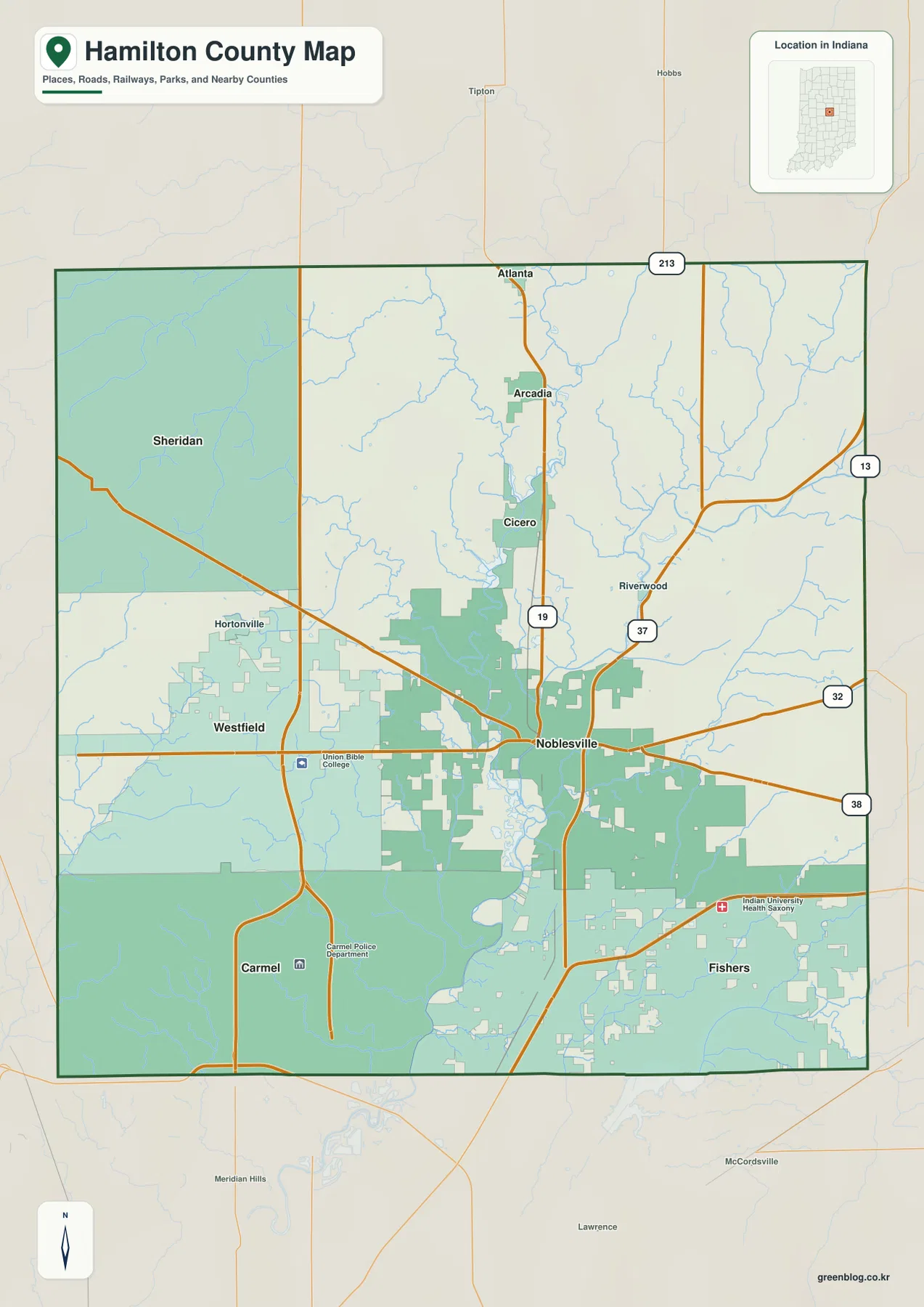 인디애나주 Hamilton County 일반 지도에 Carmel, Fishers, Westfield, Noblesville, Cicero, Sheridan, Arcadia와 주요 도로가 표시된 모습