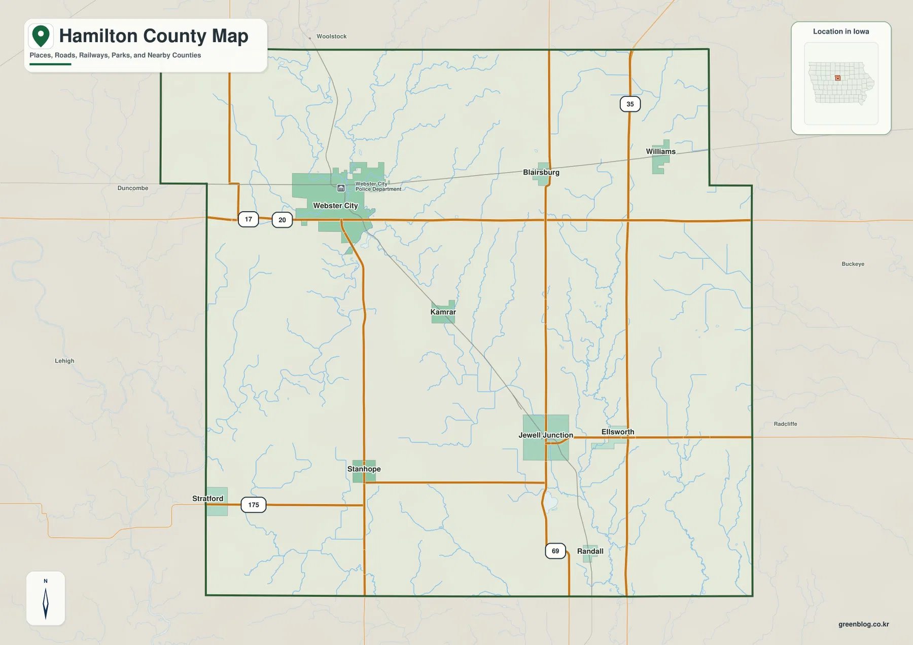 아이오와주 Hamilton County Webster City U.S. 20 I-35 U.S. 69 카운티 지도