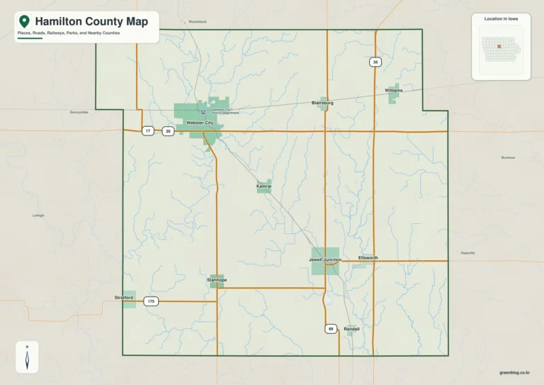 아이오와주 해밀턴 카운티(Hamilton County) 지도 – Webster City에서 Boone River와 South Skunk River 골짜기까지
