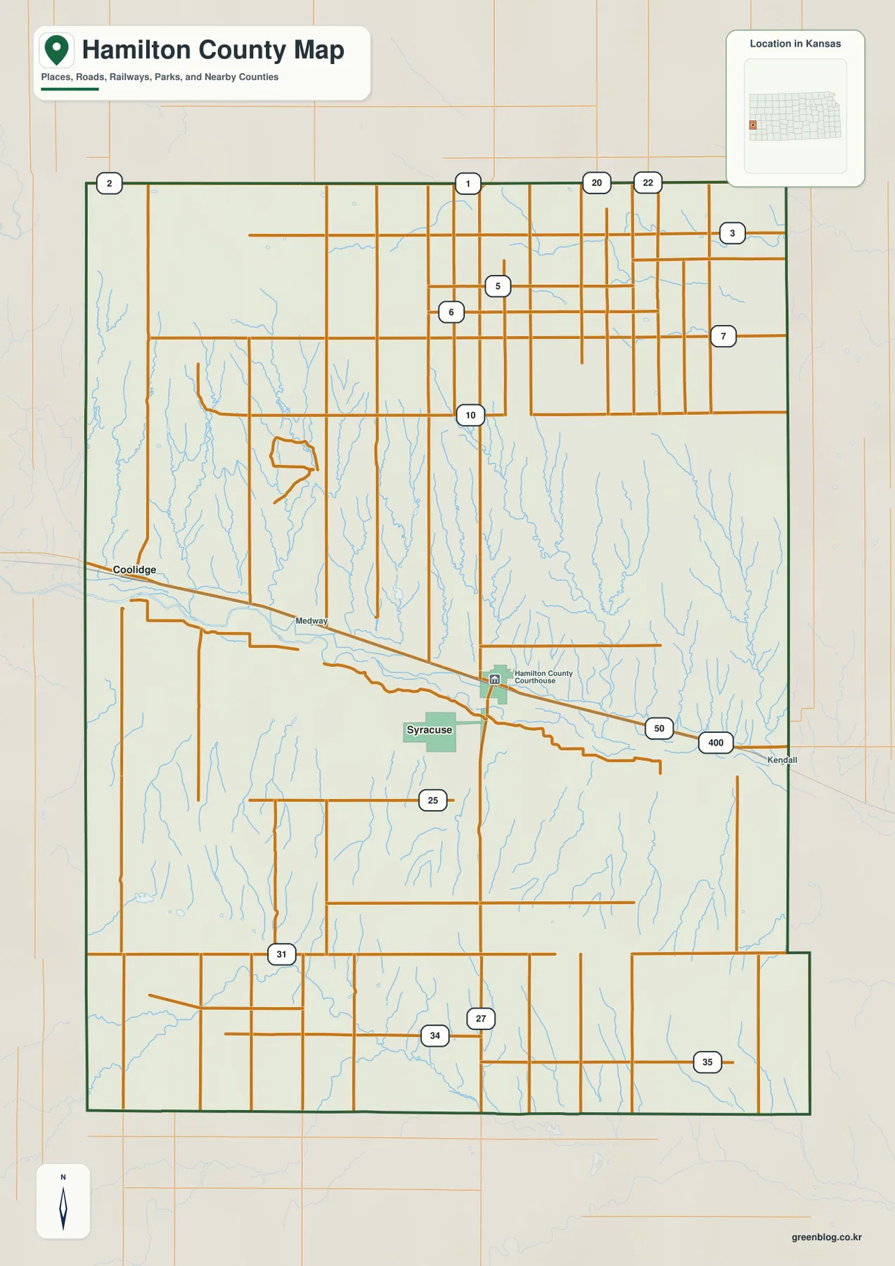 Hamilton County Kansas general map showing Syracuse, Coolidge, Medway, Kendall, U.S. 50, U.S. 400, the Hamilton County Courthouse, and major rural roads